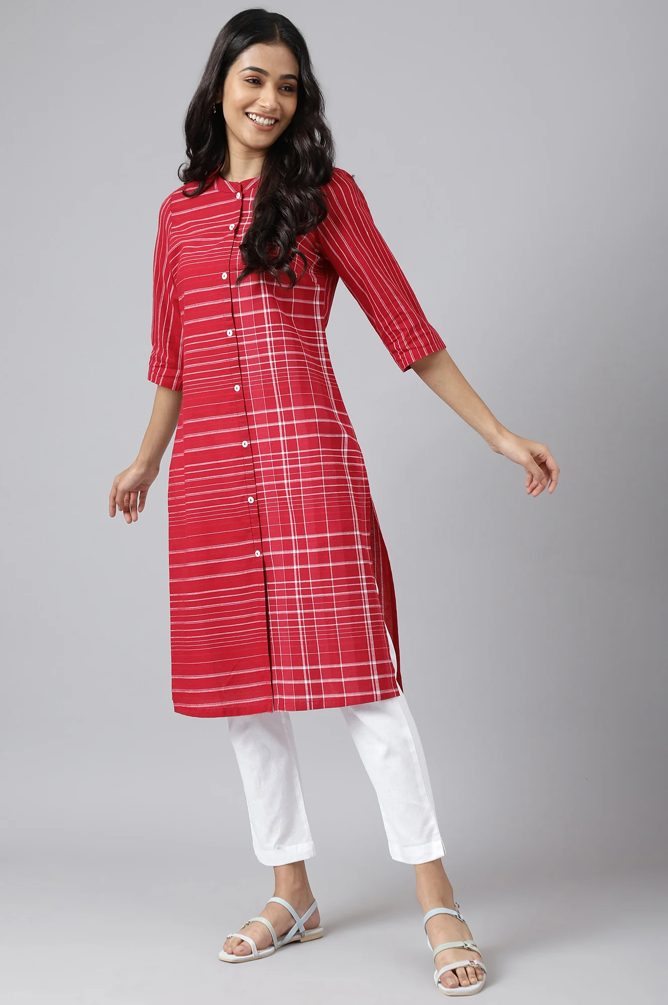 Red Asymmetric Placement Kurta - Image 5