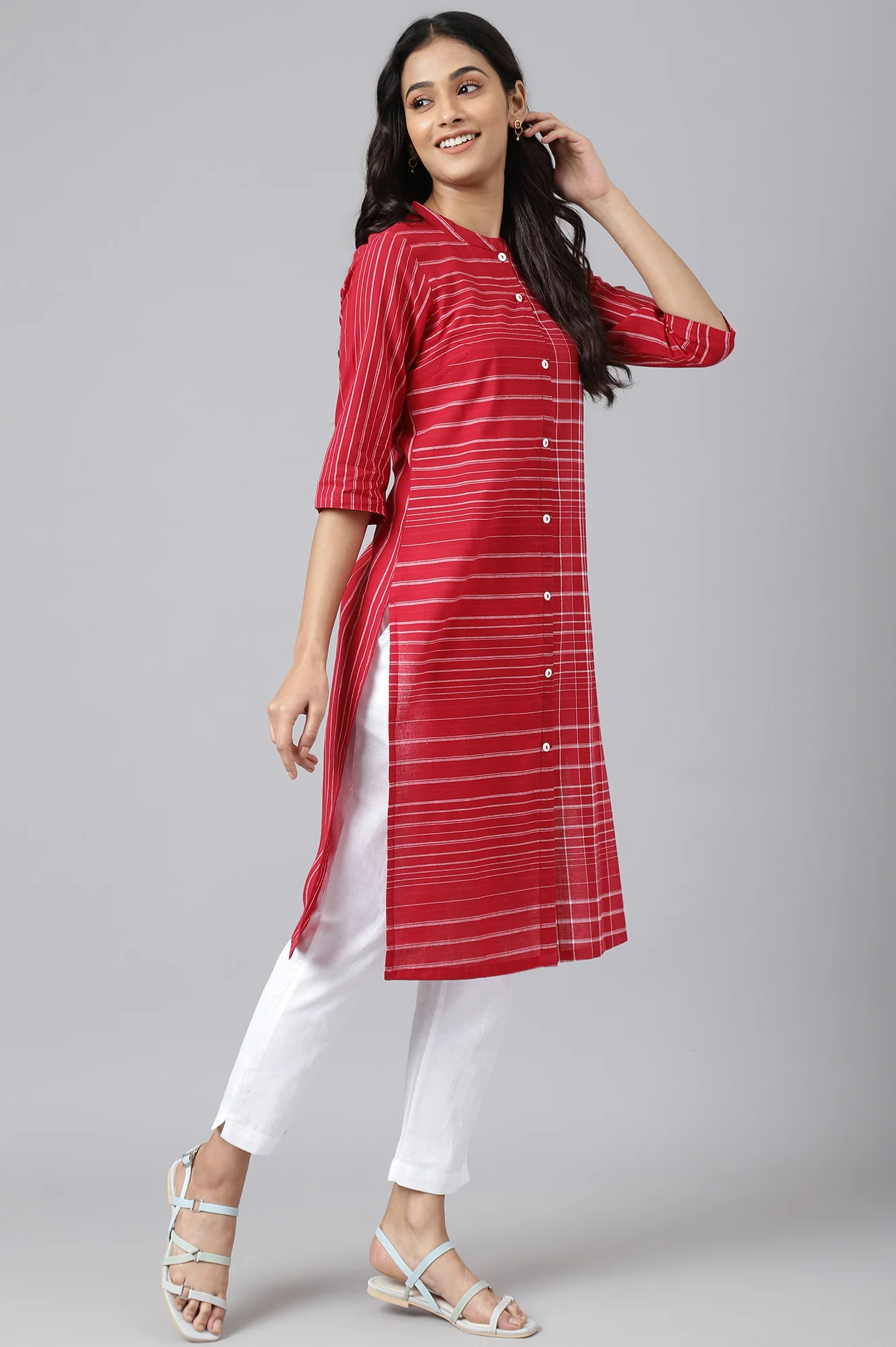 Red Asymmetric Placement Kurta - Image 6