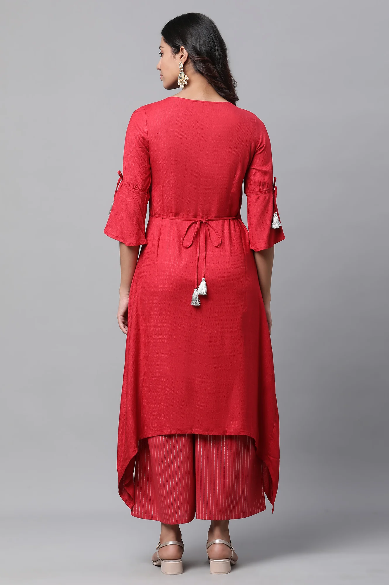Red Asymmetrical Embroidered Kurta and Palazzo Set - Image 4