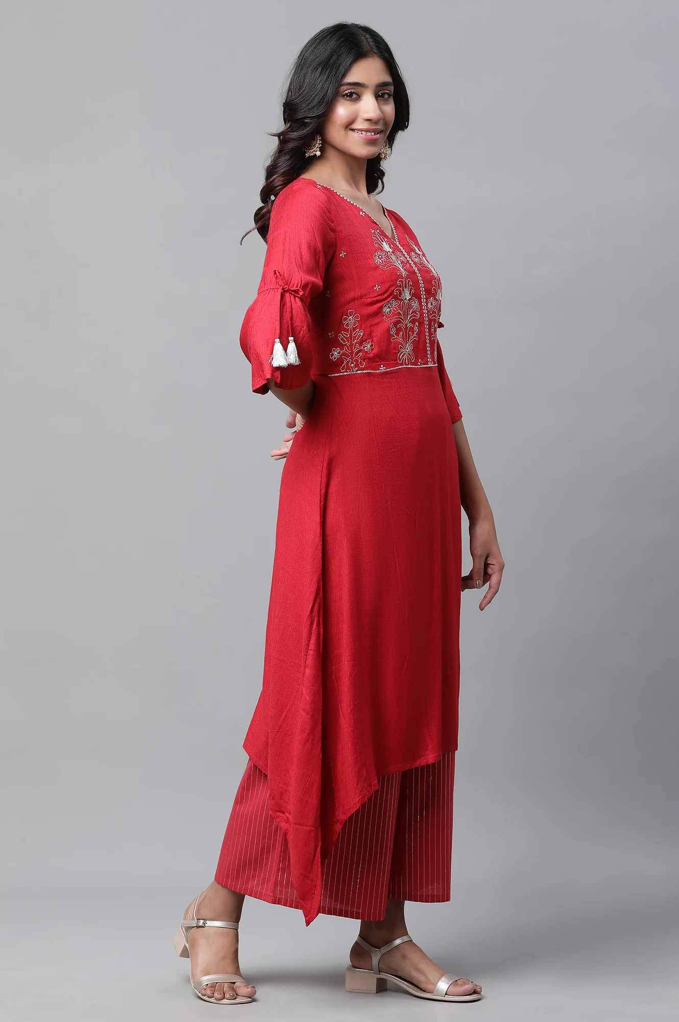 Red Asymmetrical Embroidered Kurta and Palazzo Set - Image 5