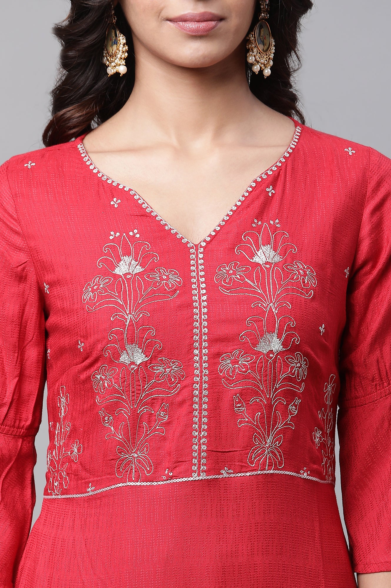 Red Asymmetrical Embroidered Kurta and Palazzo Set - Image 6