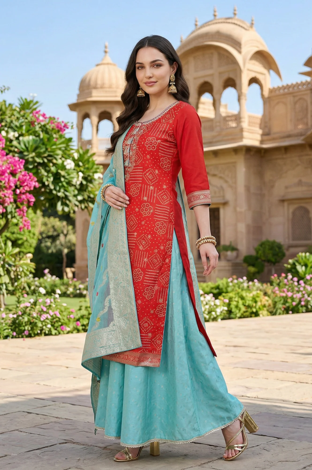Red Bandhani Printed Embellished Straight Kurta with Sea Green Palazzos and Dupatta Set - Image 4