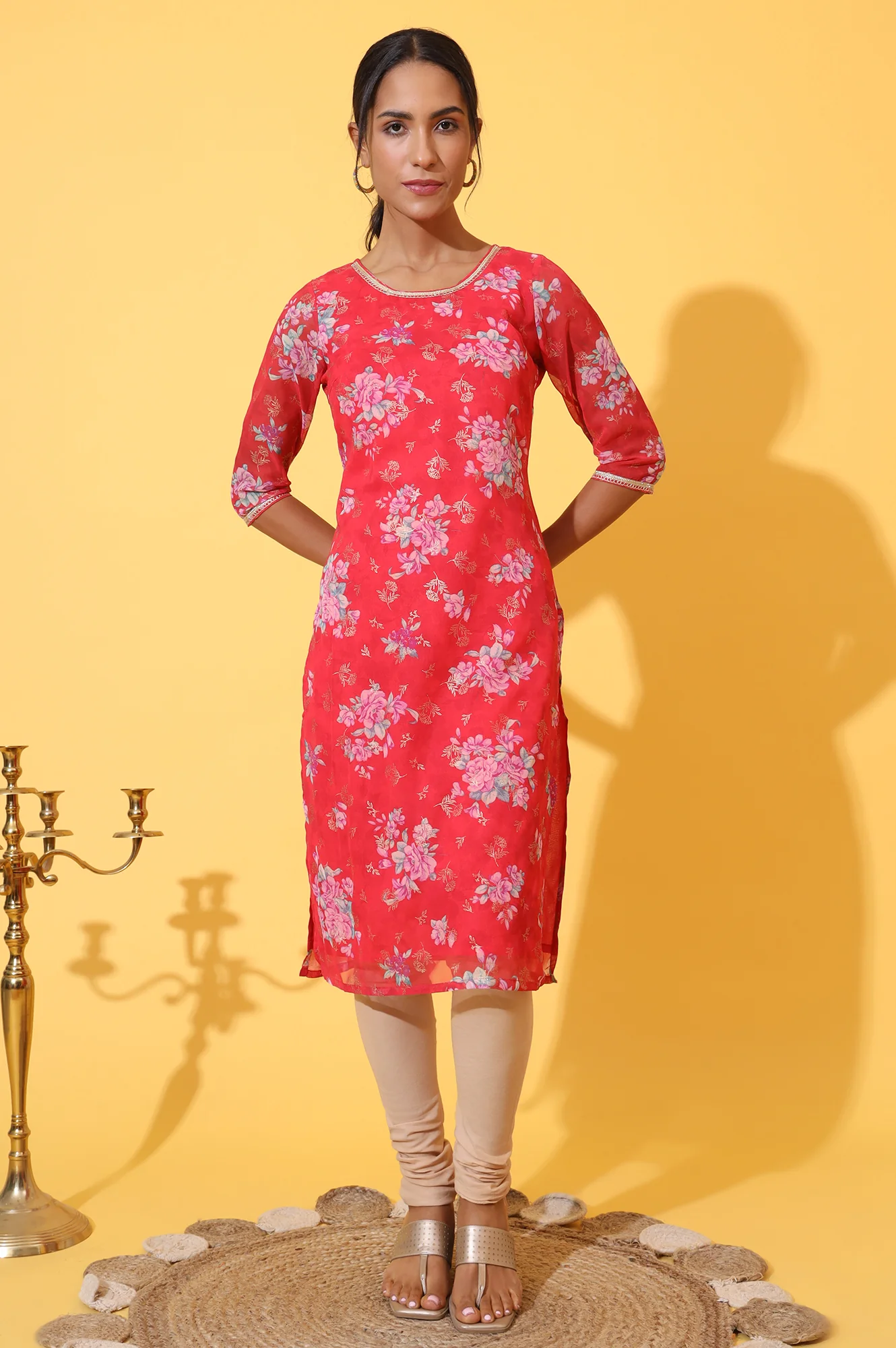 Red Digital Floral Printed Chiffon Straight Kurta - Image 2