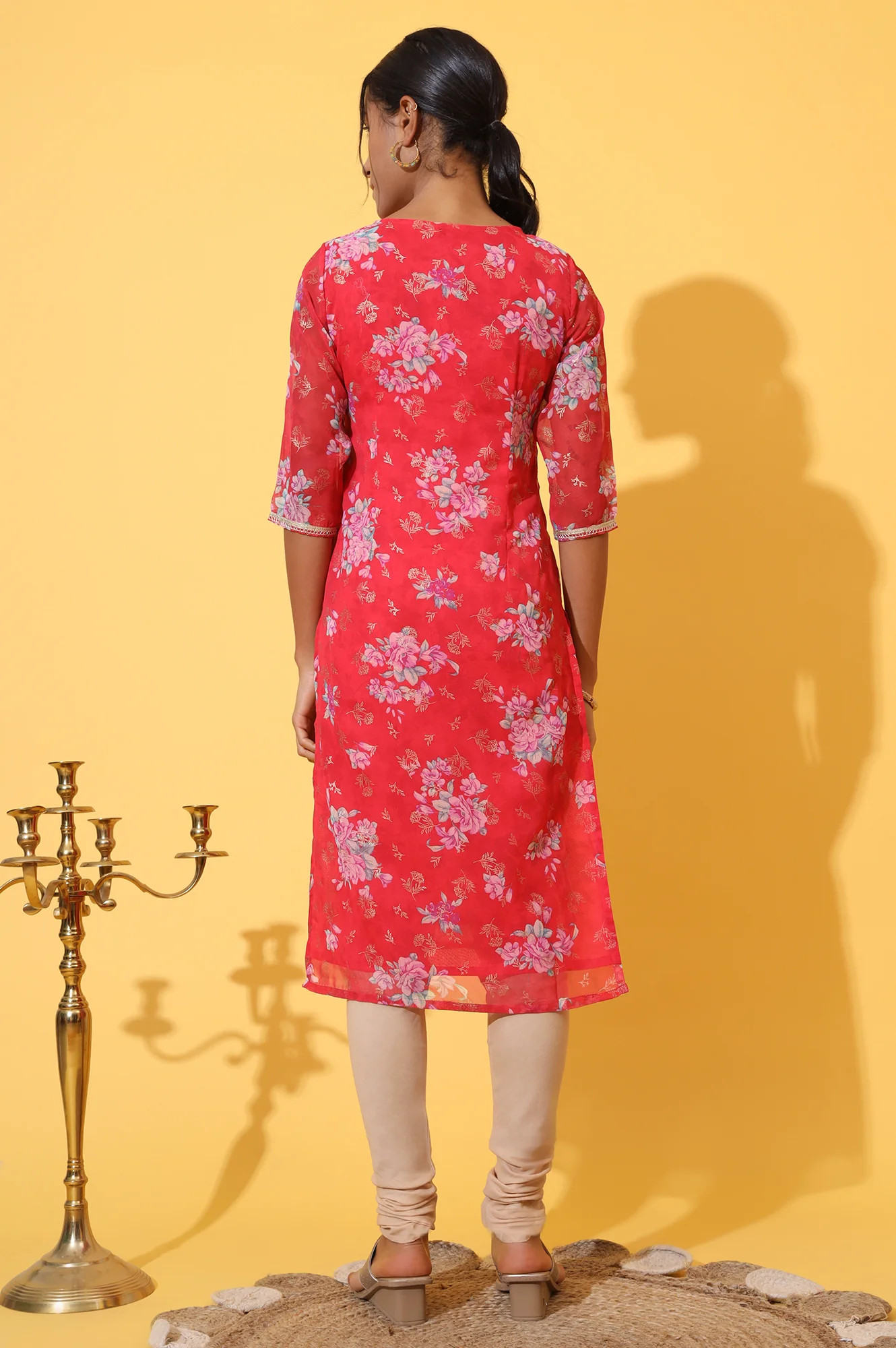 Red Digital Floral Printed Chiffon Straight Kurta - Image 6