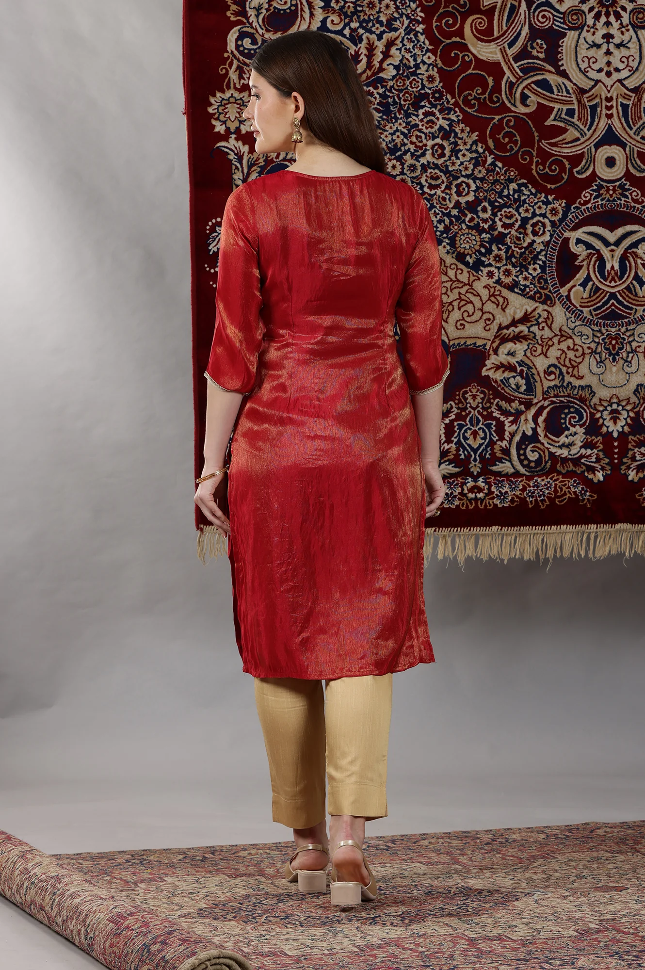 Red Dori Embroidered Yoke Straight Festive Kurta - Image 5