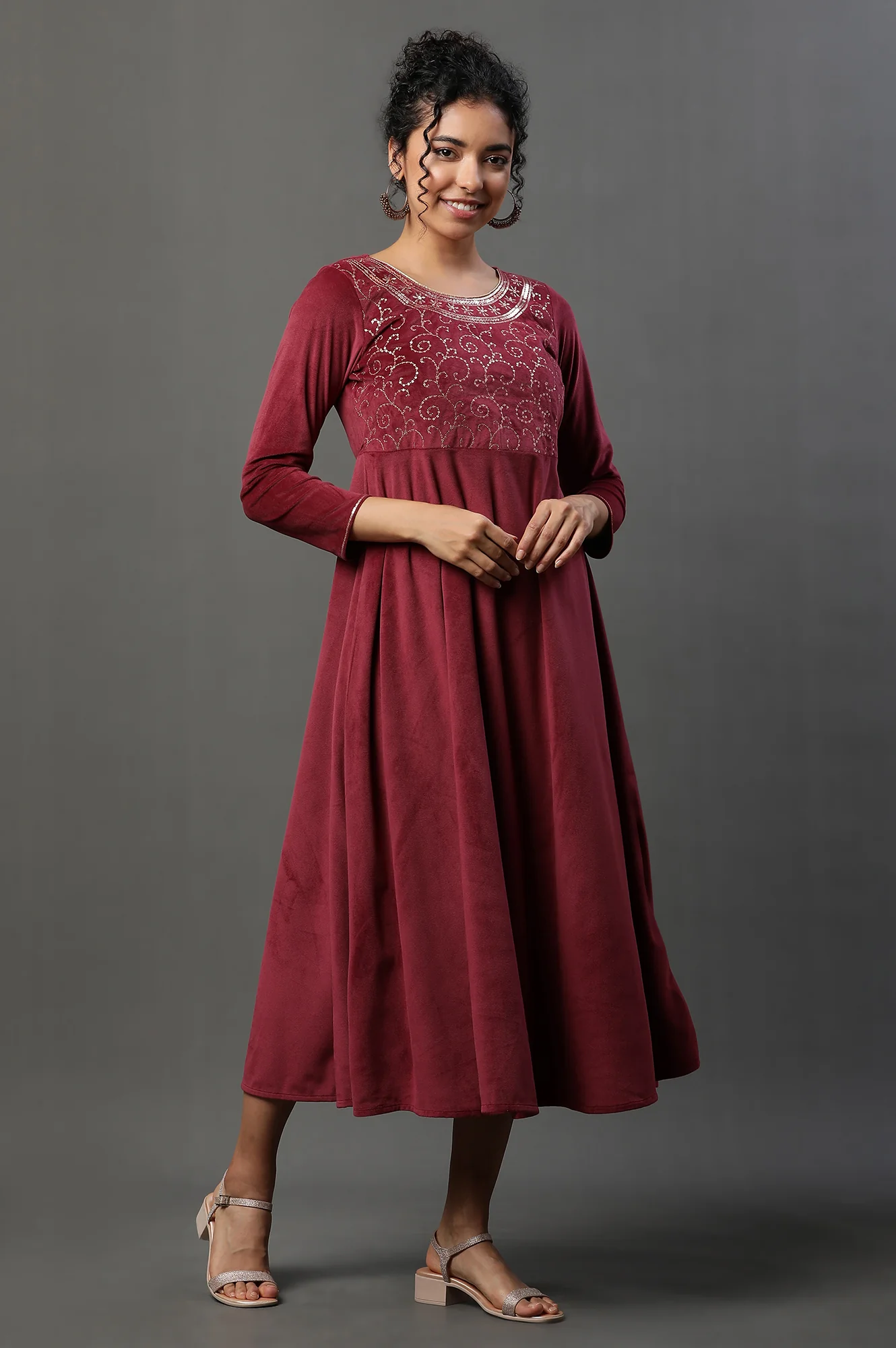 Red Embellished Velvet Festive Winter Dress - Image 5