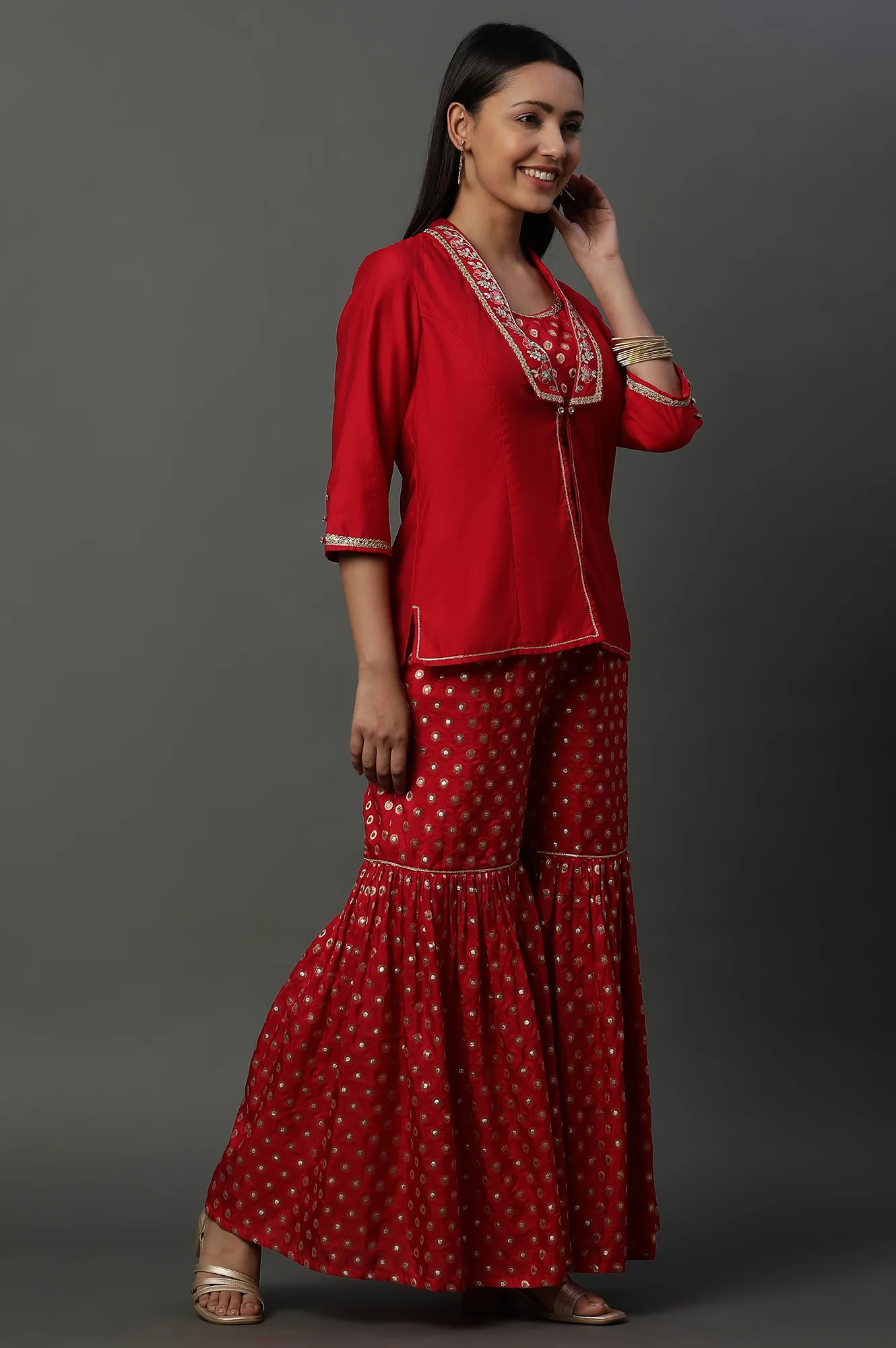Red Embroidered Jacket, Crop-Top and Sharara Set - Image 3