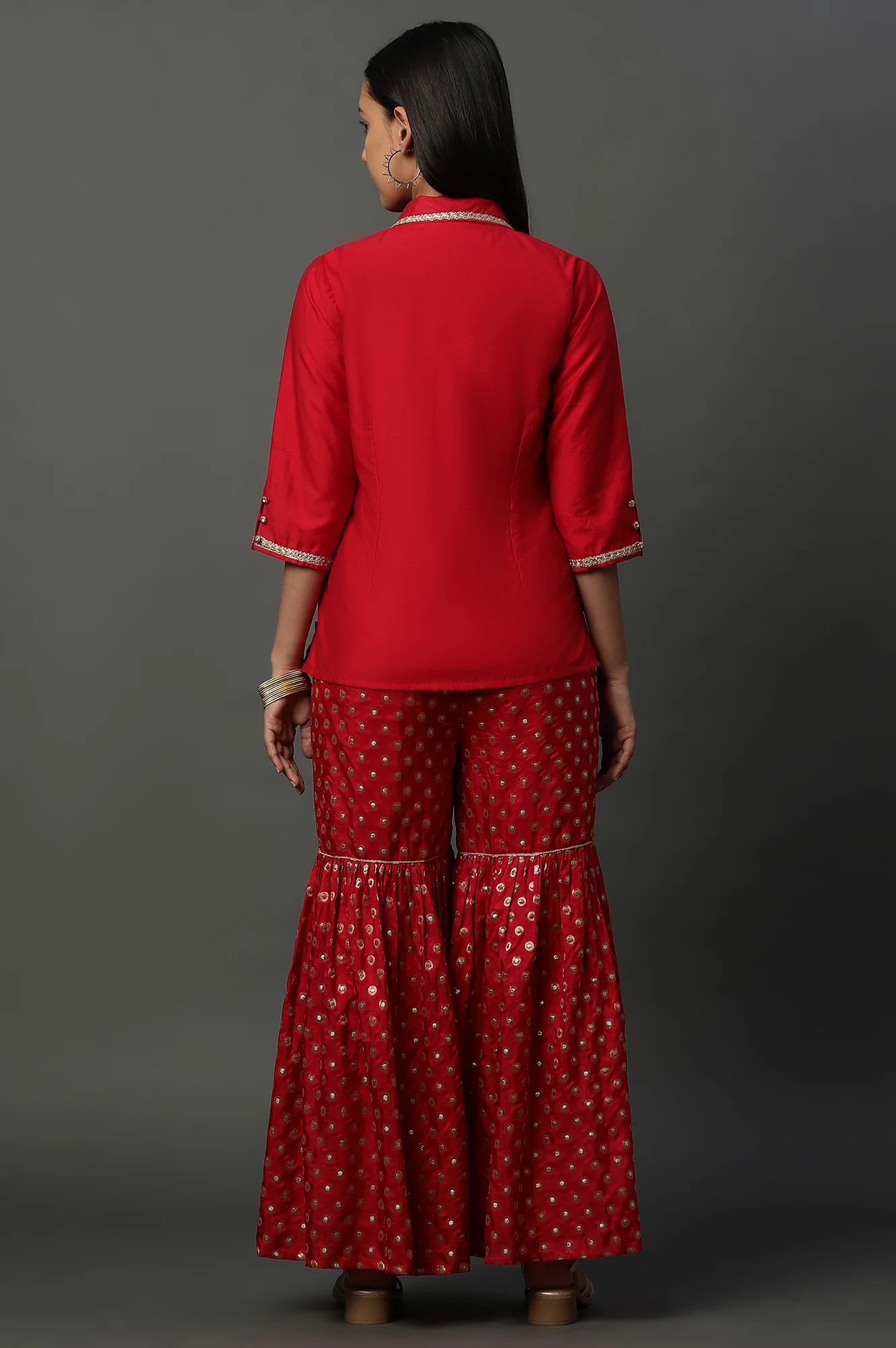 Red Embroidered Jacket, Crop-Top and Sharara Set - Image 4