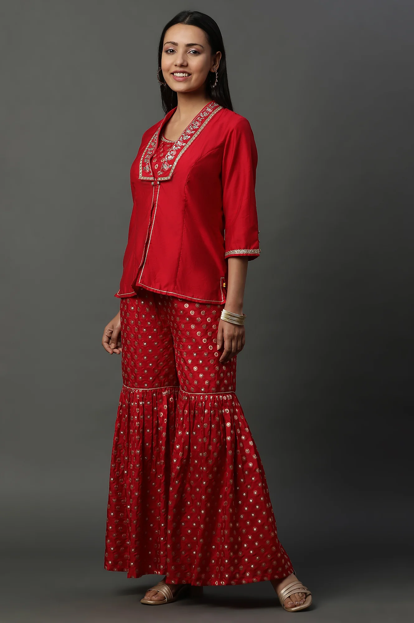 Red Embroidered Jacket, Crop-Top and Sharara Set - Image 5