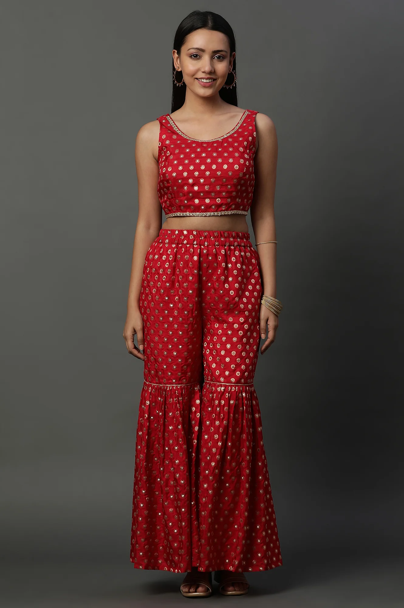 Red Embroidered Jacket, Crop-Top and Sharara Set - Image 6