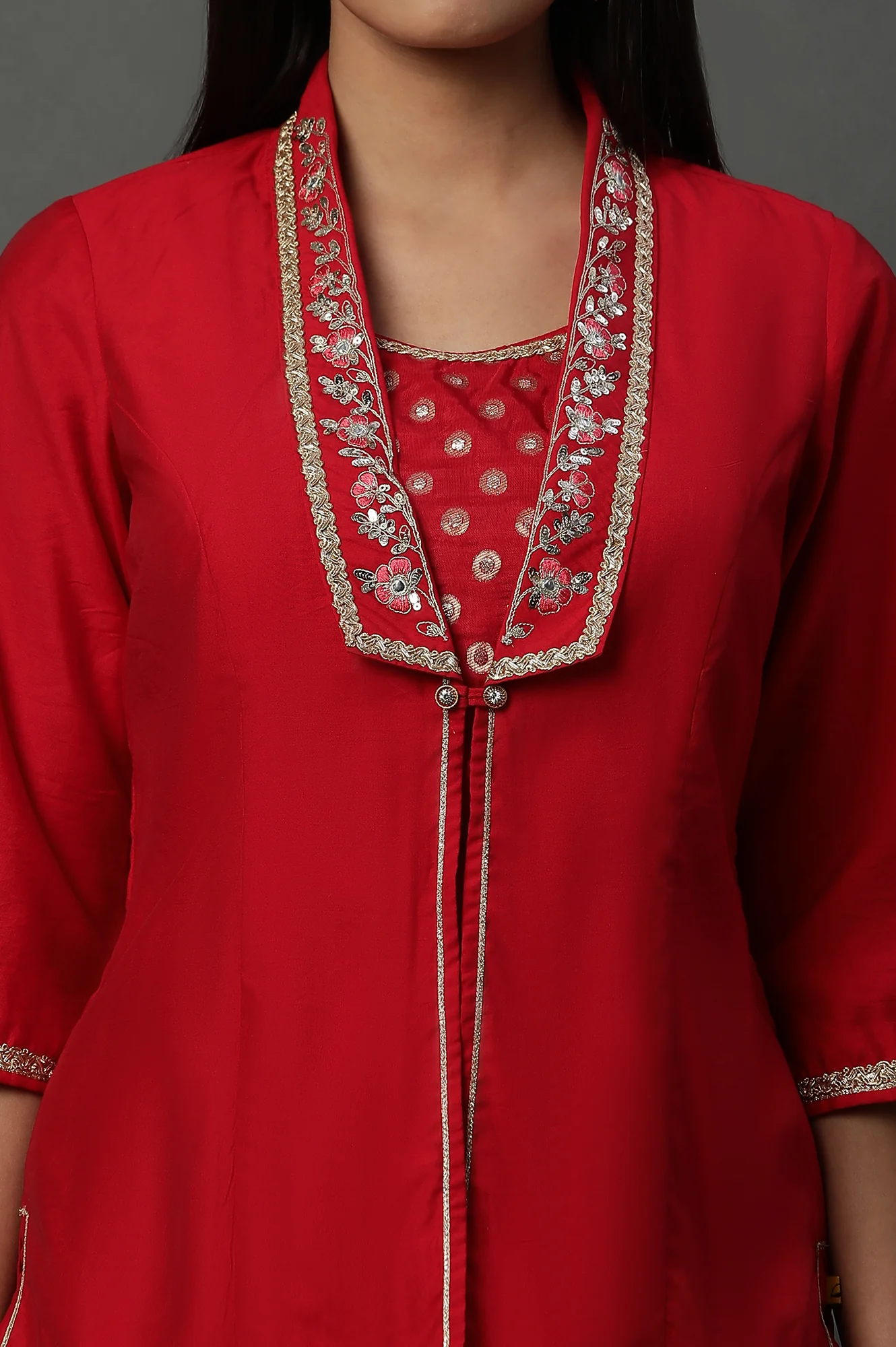 Red Embroidered Jacket, Crop-Top and Sharara Set - Image 7