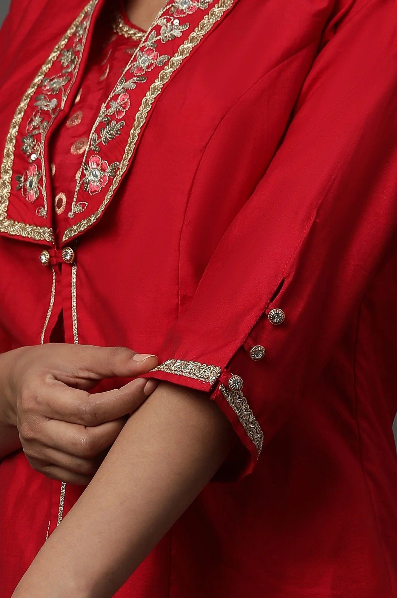 Red Embroidered Jacket, Crop-Top and Sharara Set - Image 8
