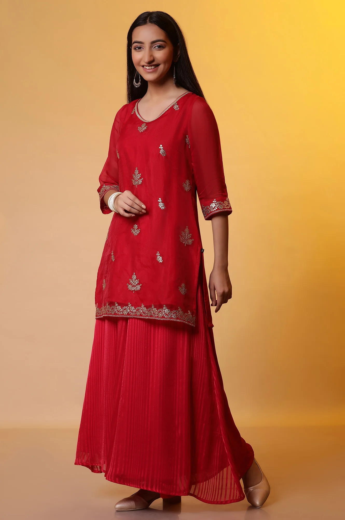 Red Embroidered Short Kurta, Flared Palazzo and Organza Dupatta Set - Image 3
