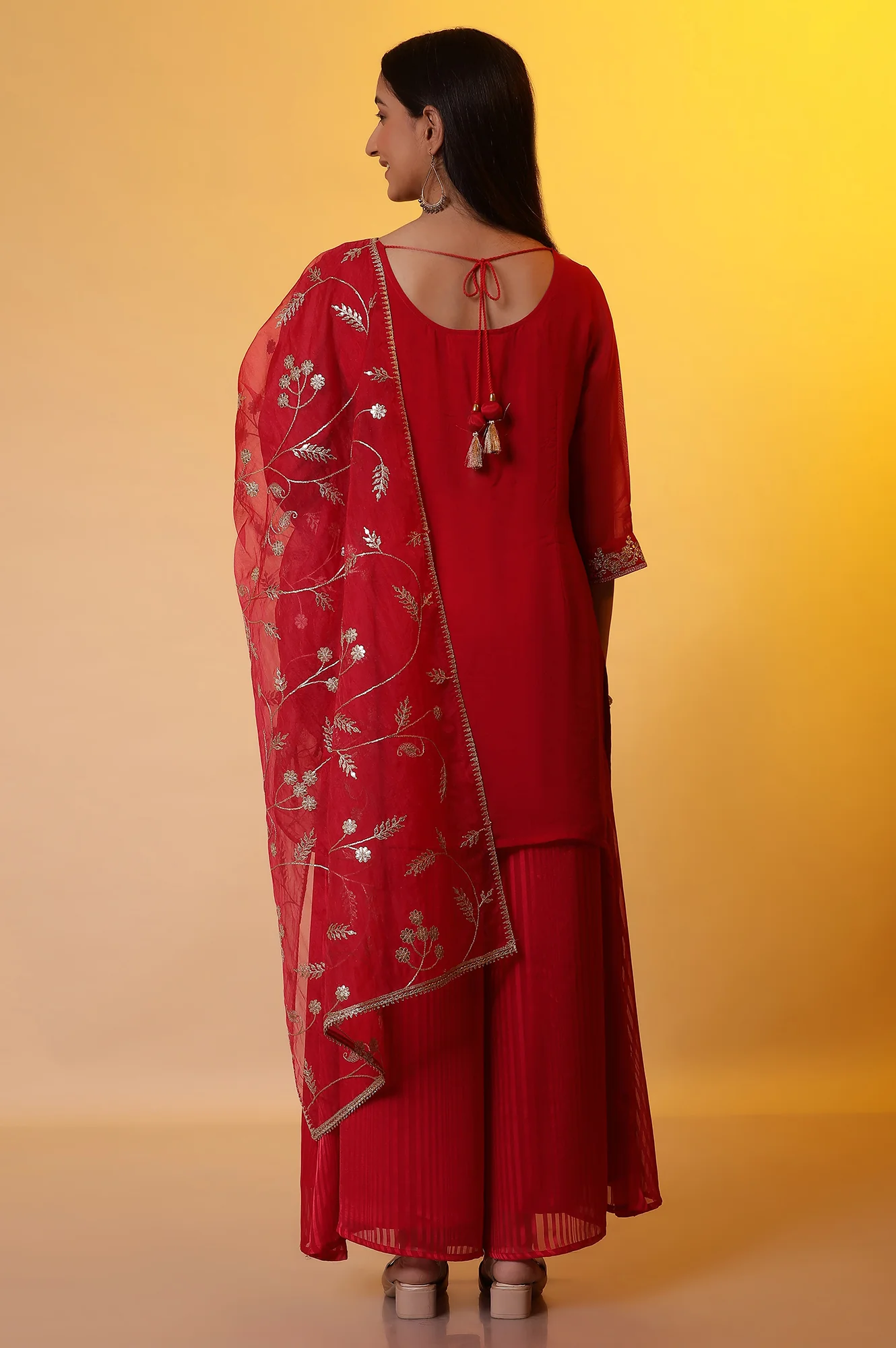 Red Embroidered Short Kurta, Flared Palazzo and Organza Dupatta Set - Image 4