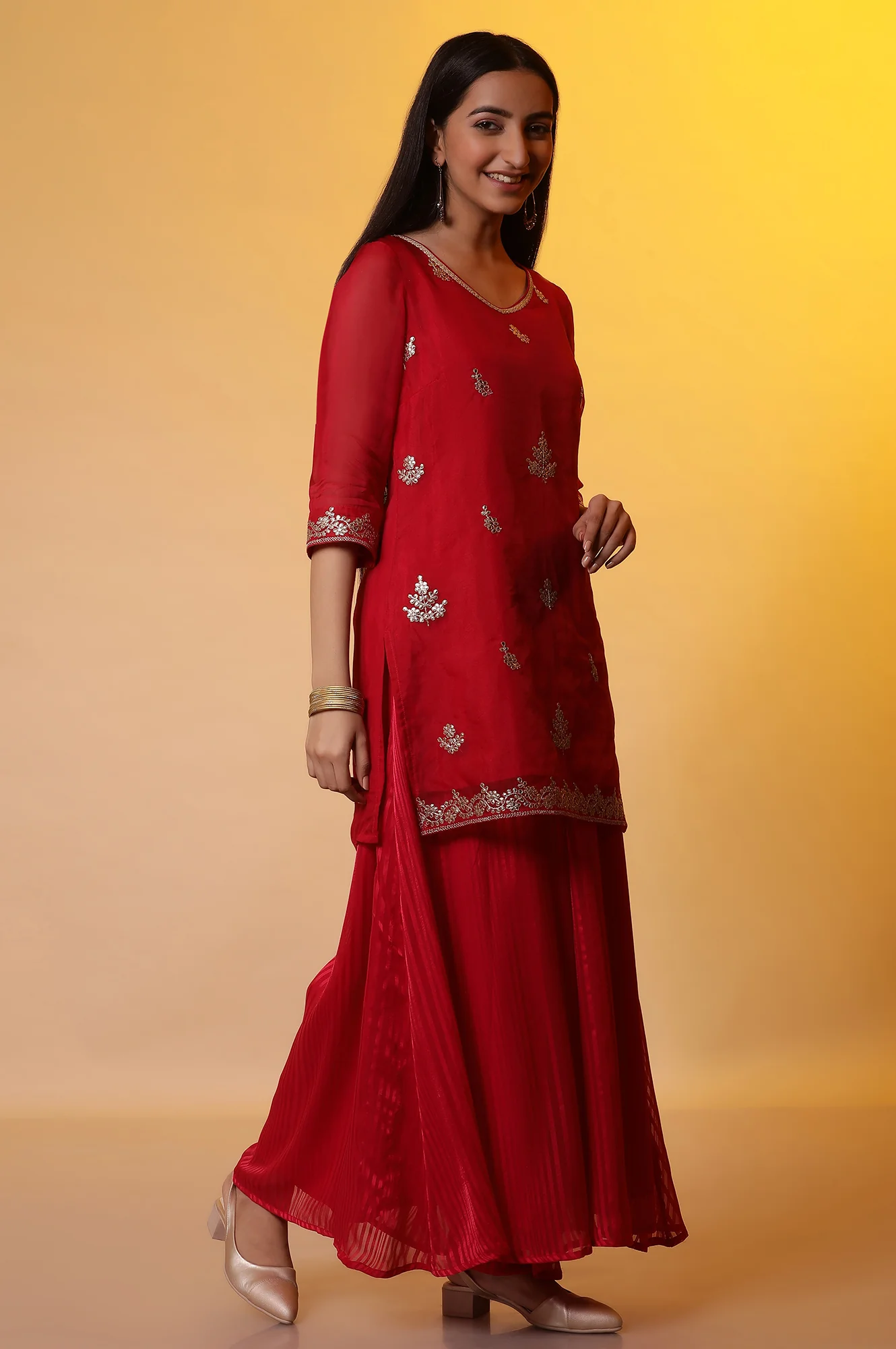 Red Embroidered Short Kurta, Flared Palazzo and Organza Dupatta Set - Image 5