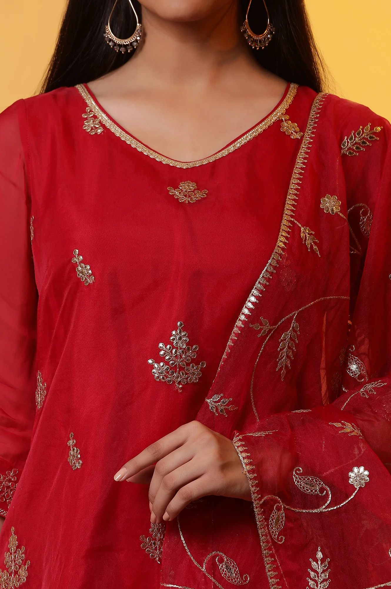 Red Embroidered Short Kurta, Flared Palazzo and Organza Dupatta Set - Image 6