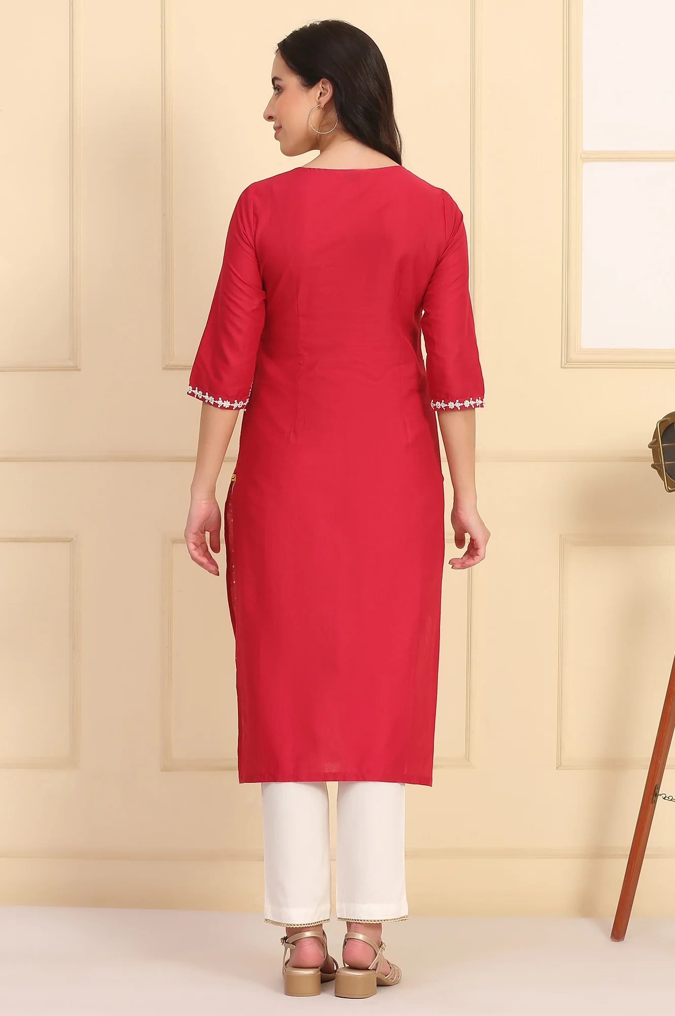 Red Embroidered Straight Schiffli Pure Cotton Kurta - Image 6