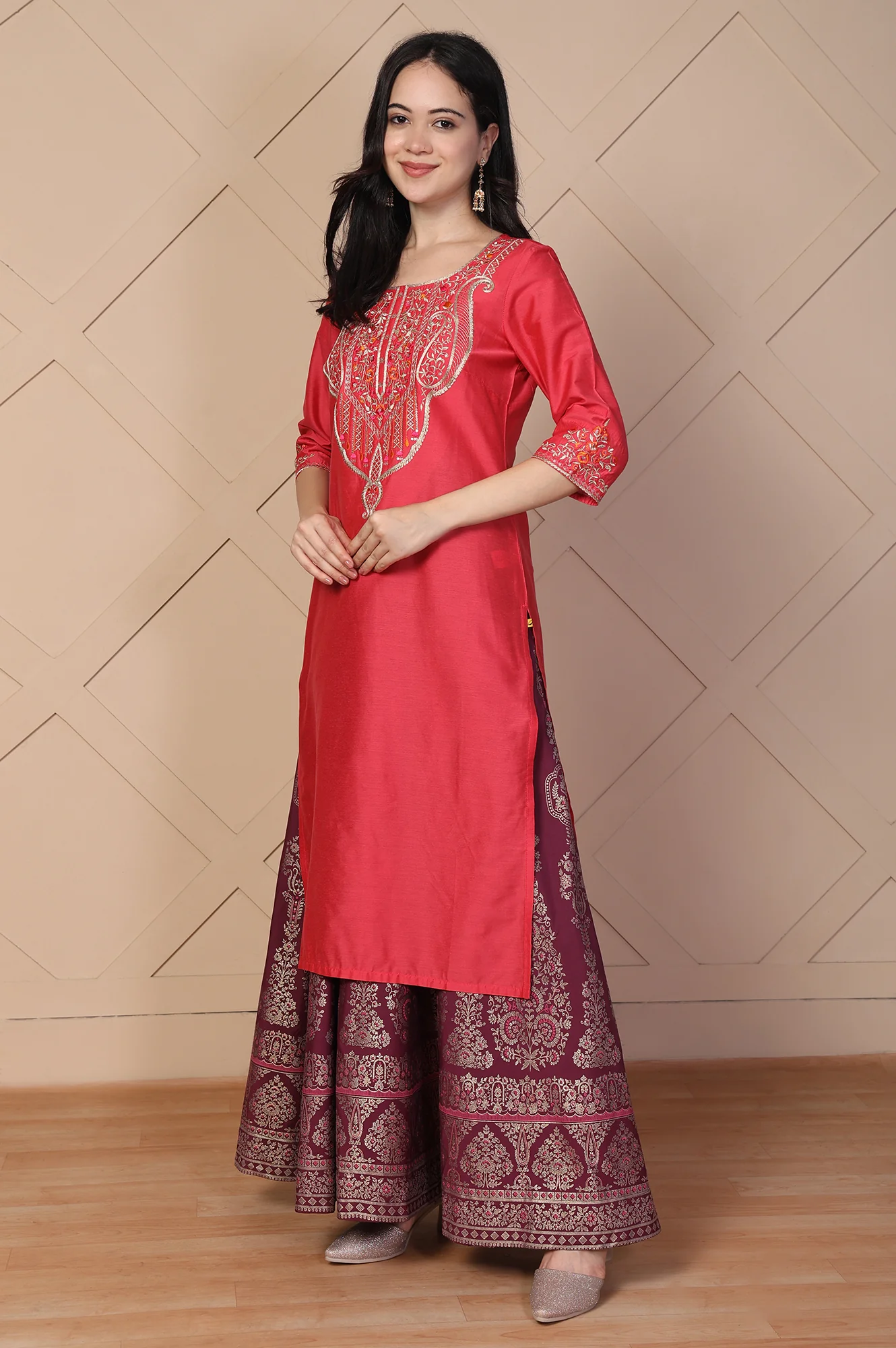 Red Embroidered Straight Silk Kurta - Image 4