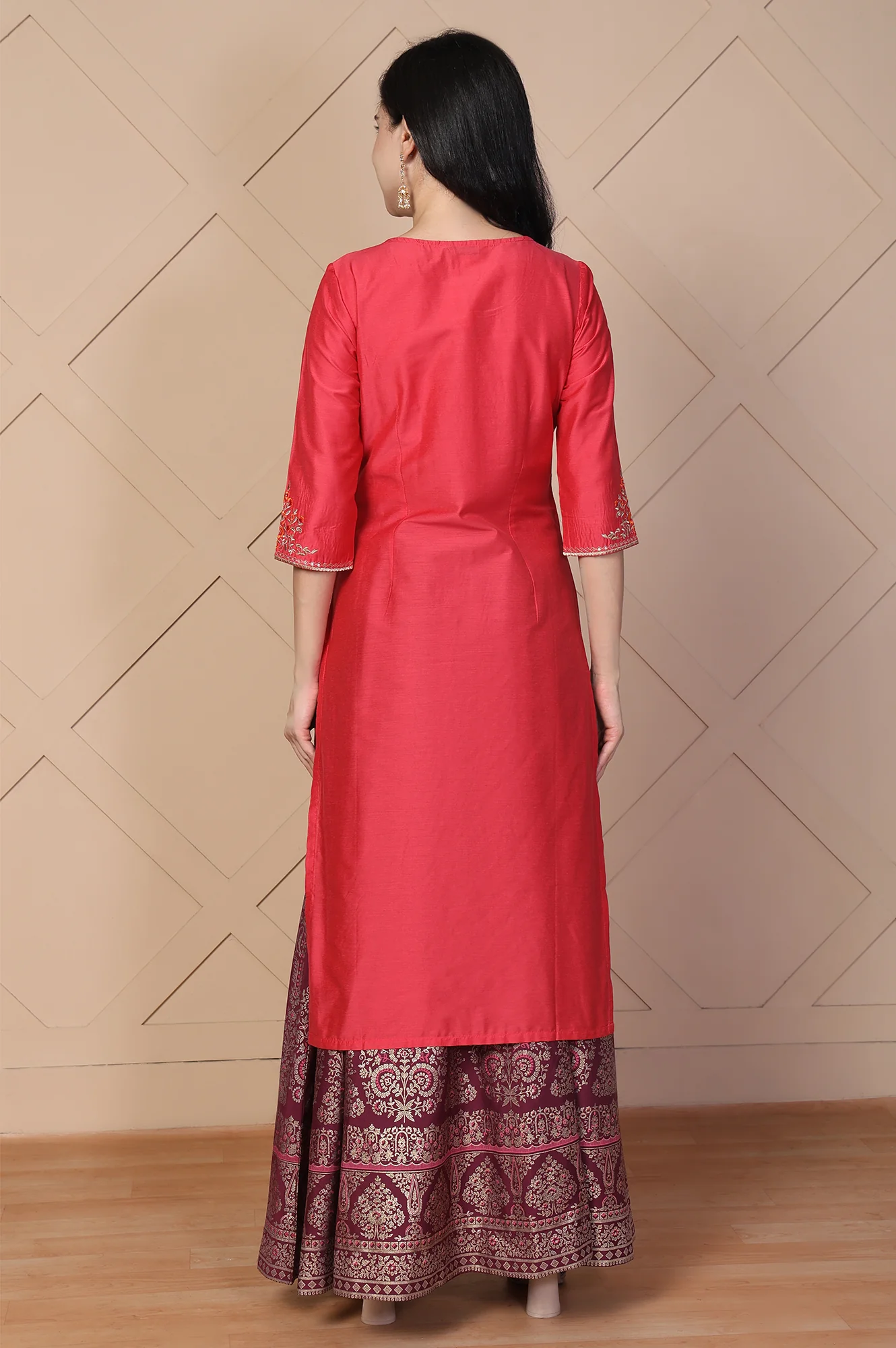 Red Embroidered Straight Silk Kurta - Image 5
