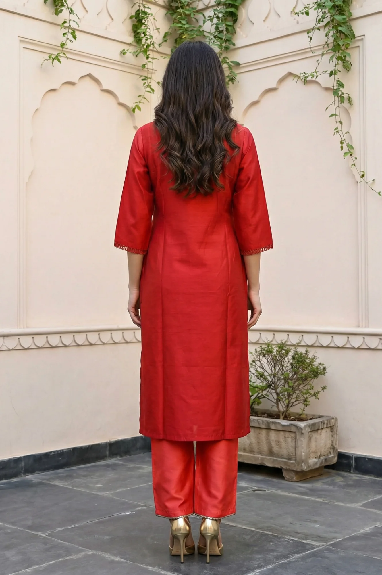 Red Thread Embroidered Straight Kurta - Image 4