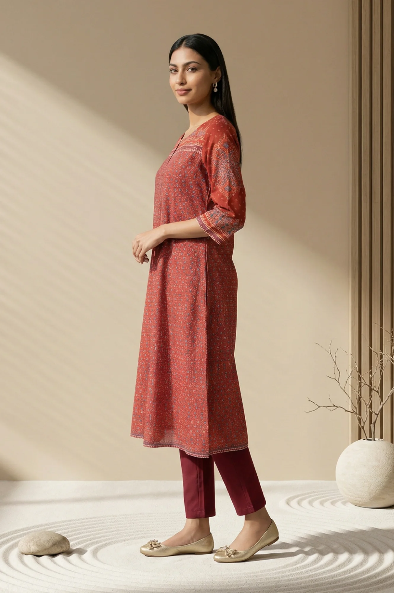 Red Ethnic Motifs A-line Kurta - Image 4