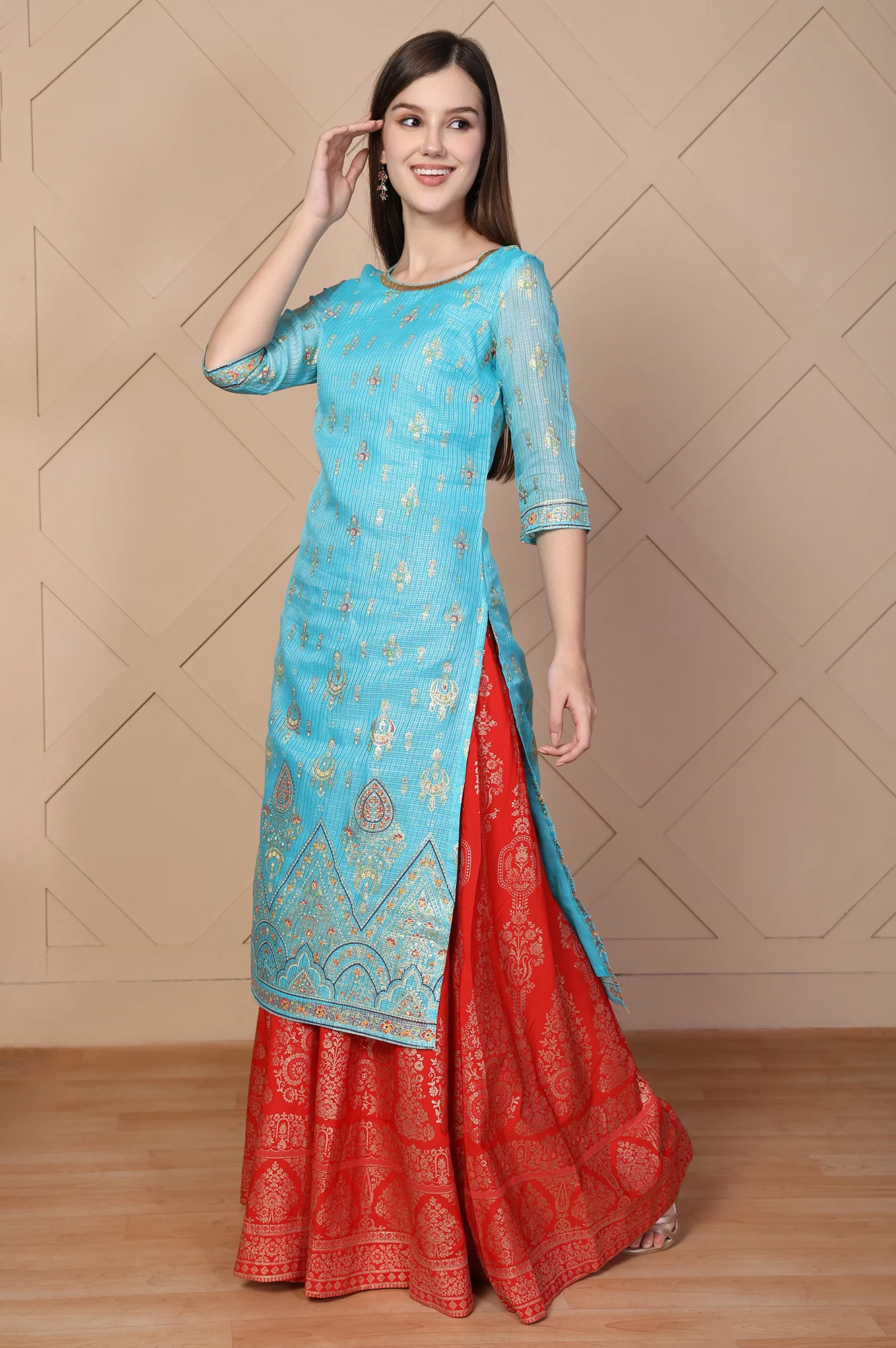 Red Ethnic Motifs Printed Flared Crepe Skirt - Image 5