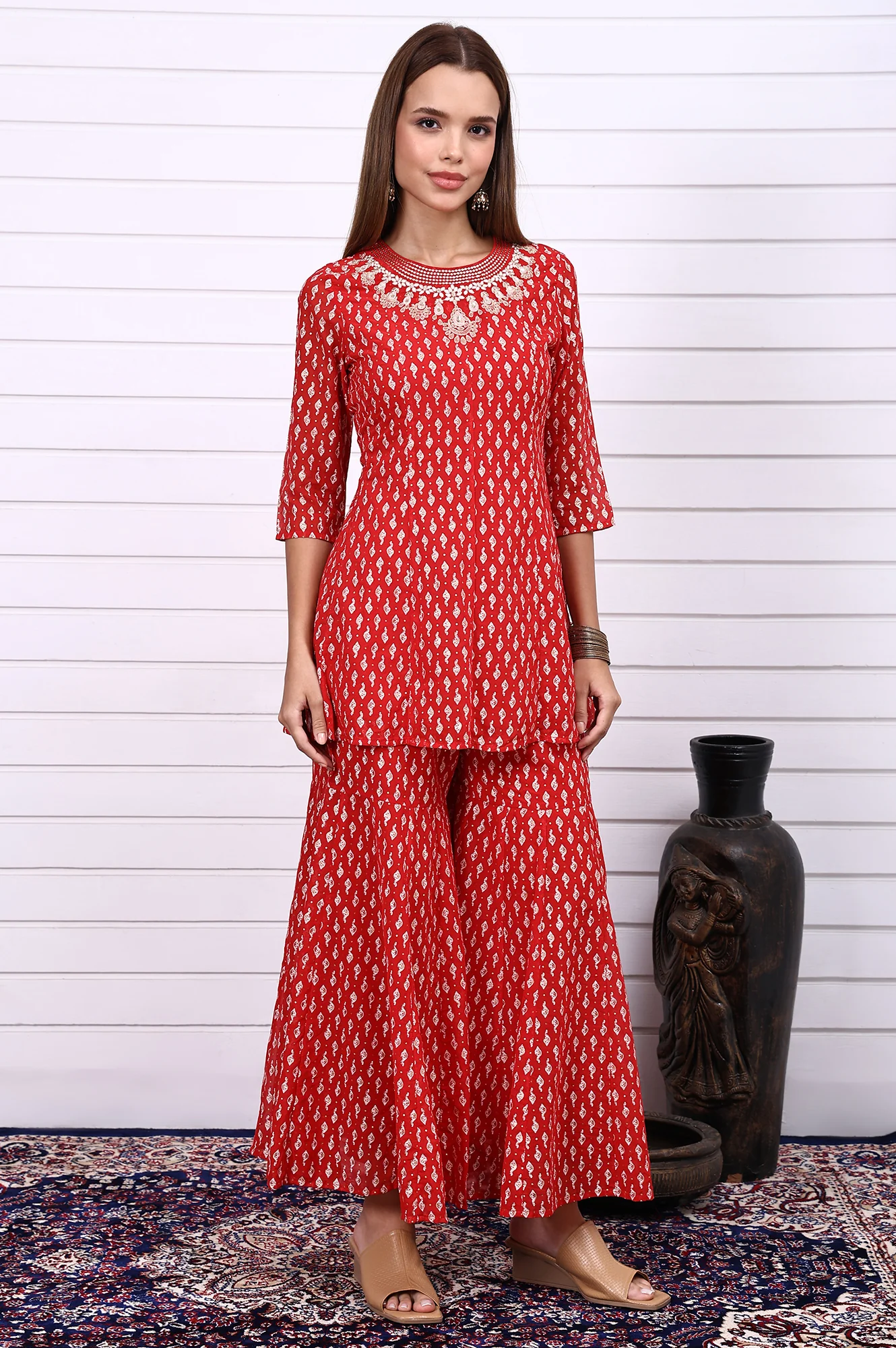 Red Ethnic Motifs Zari Embroidered Flared Kurta, Sharara and Dupatta Set - Image 6
