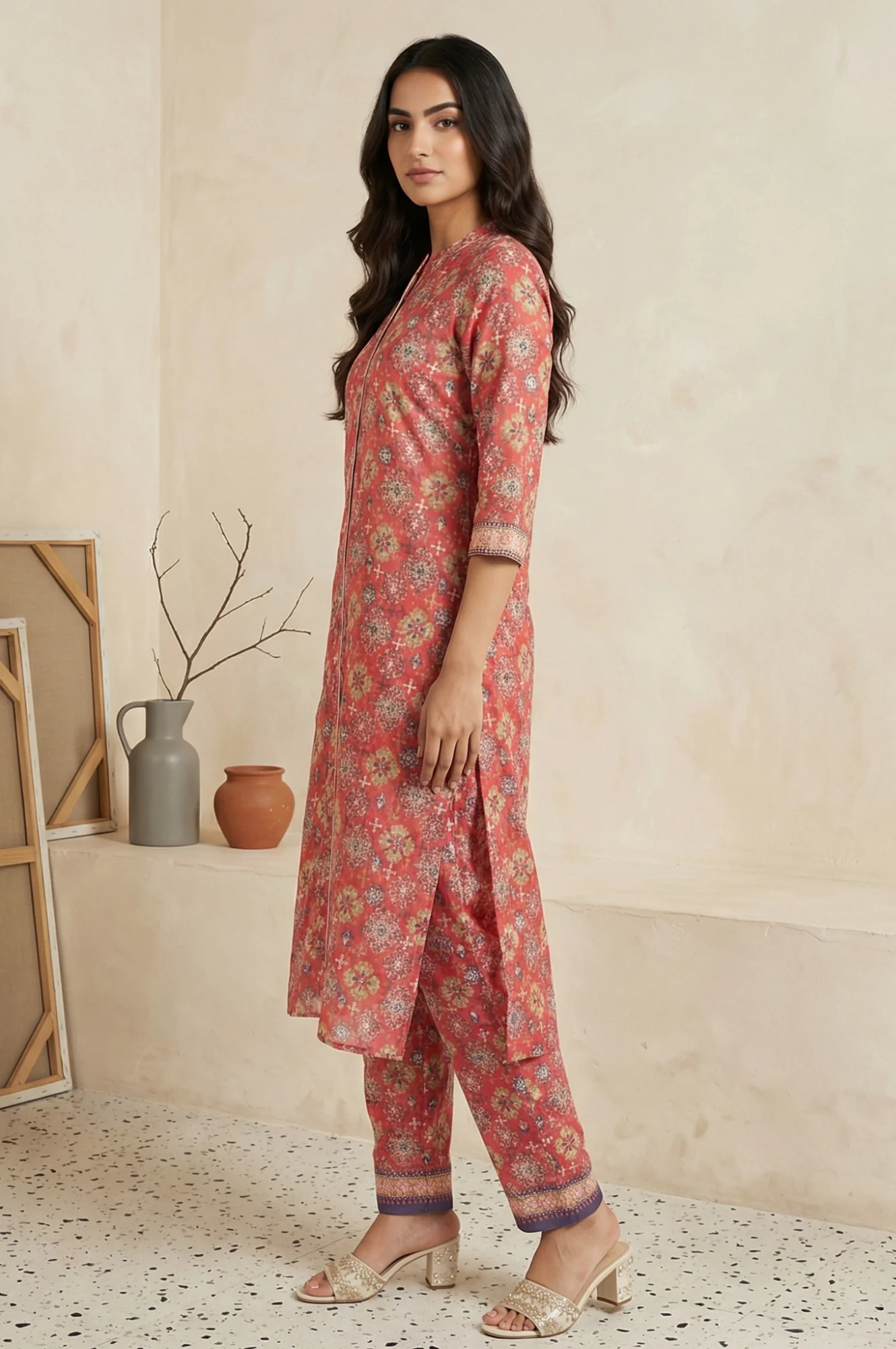 Red Floral Print Straight Kurta with Trousers Co-ord Set - Image 3
