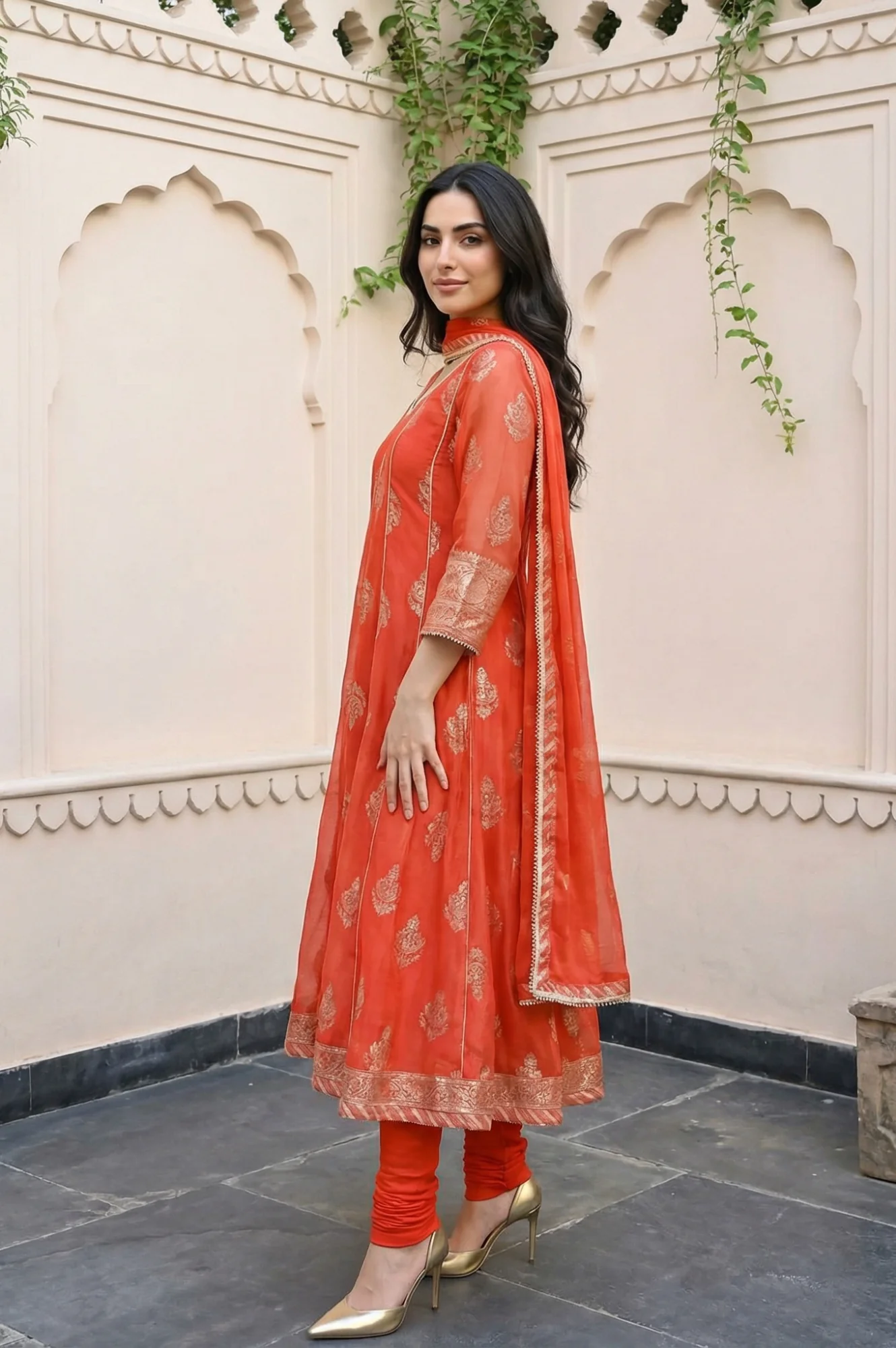 Red Floral Foil Printed Anarkali Kurta with Tights and Dupatta Set - Image 2