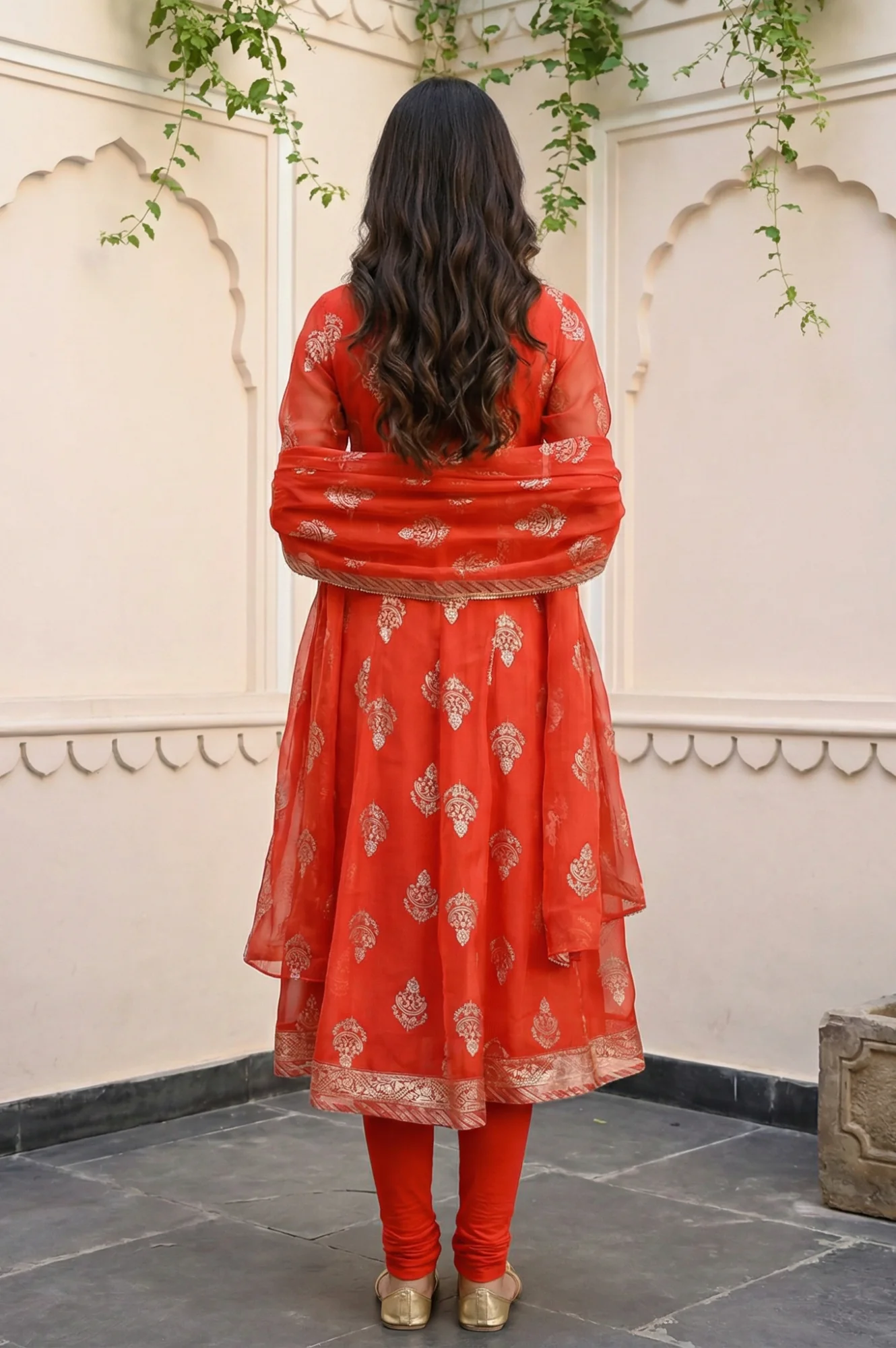 Red Floral Foil Printed Anarkali Kurta with Tights and Dupatta Set - Image 3