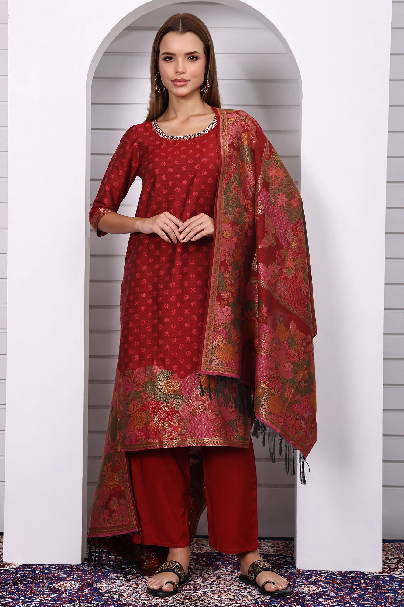 Red Floral Printed Hand Work Jacquard Straight Kurta, Palazzo and Dupatta Set - Image 2