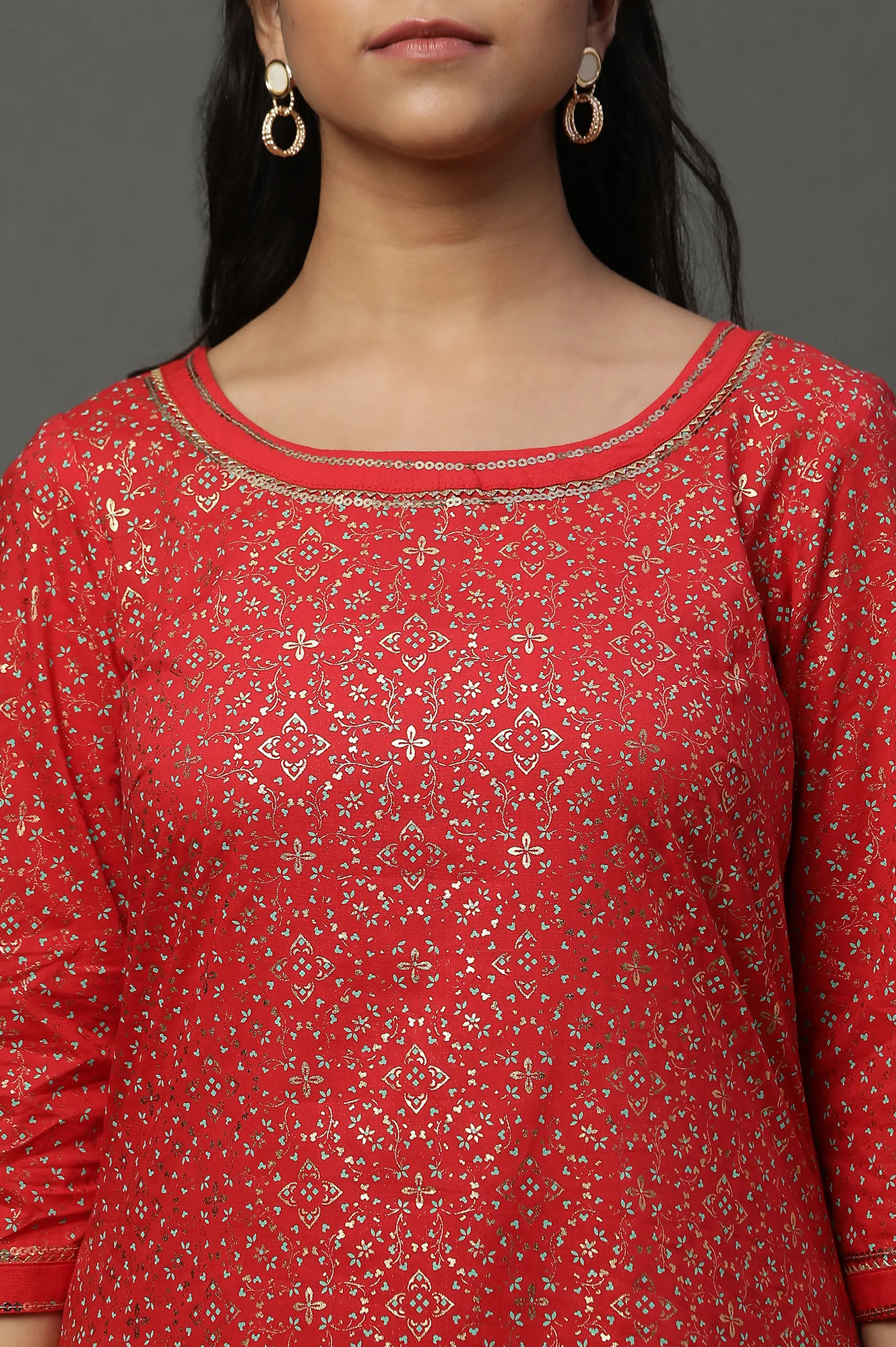 Red Foil Printed Straight Ethnic Festive Kurta - Image 6