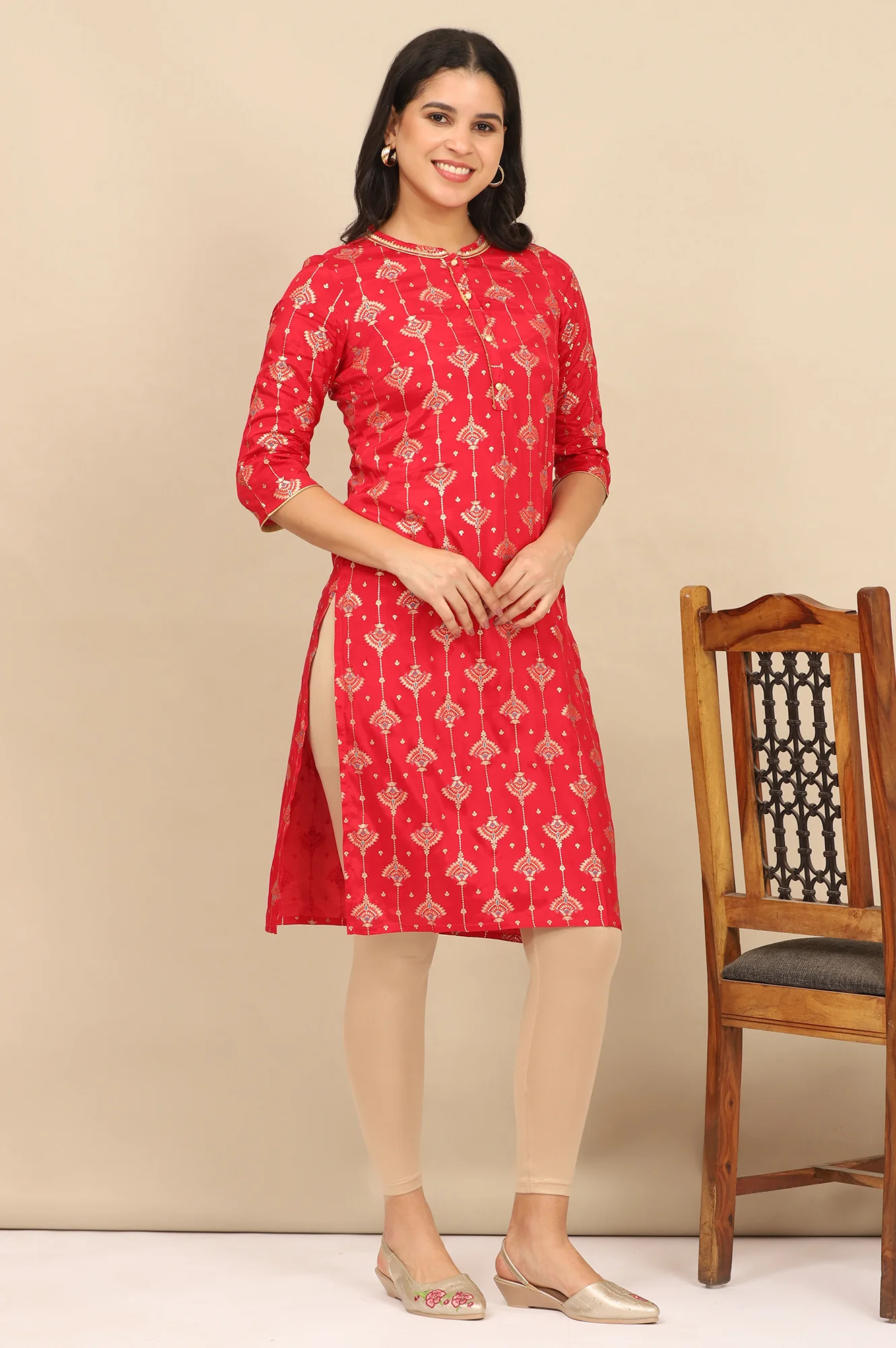 Red Foil Printed Lace Embellished Straight Kurta and Leggings Set - Image 6