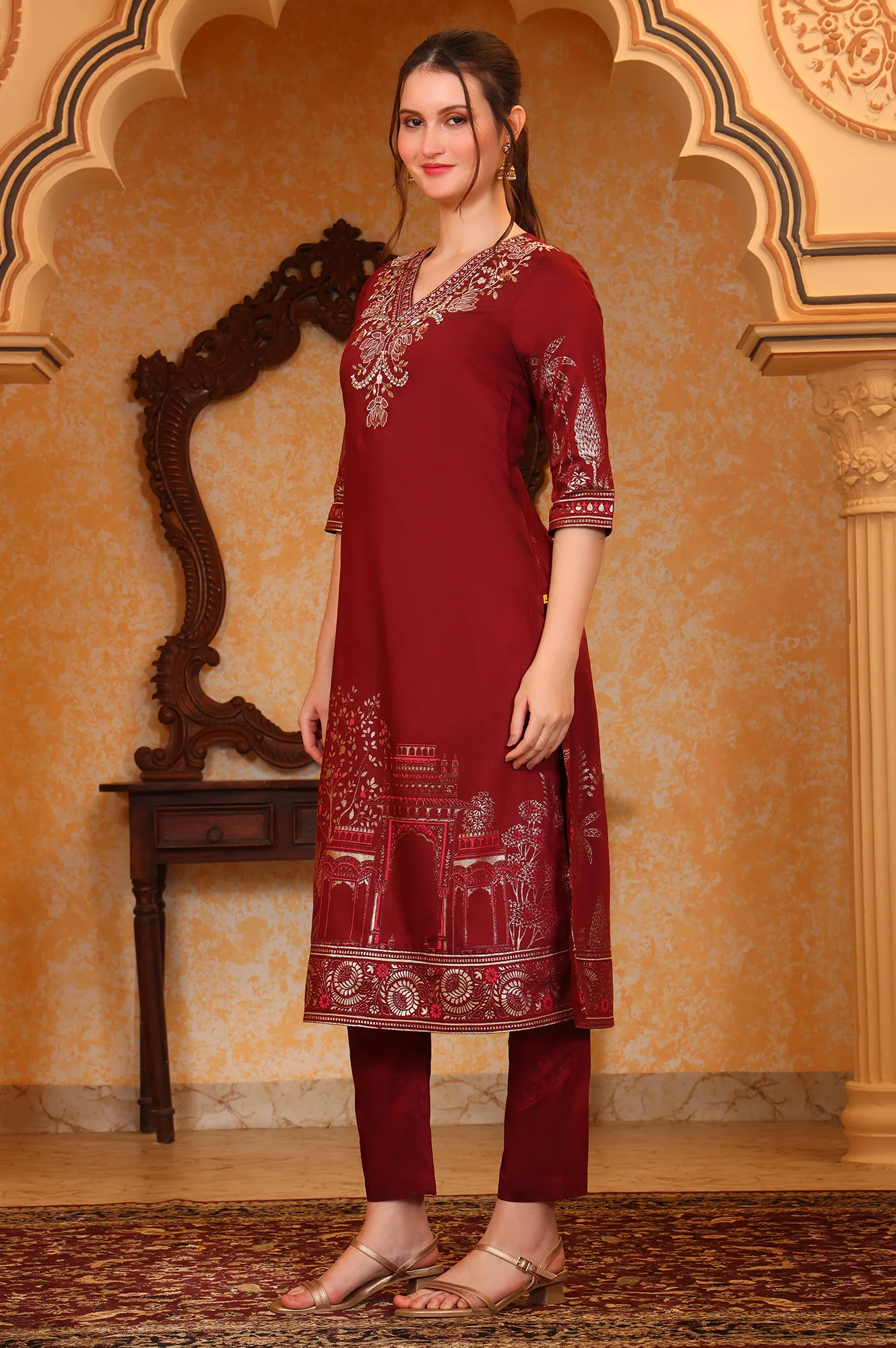 Red Foil Printed Zari Embroiered A-line Festive Kurta, Trousers and Dupatta Set - Image 4