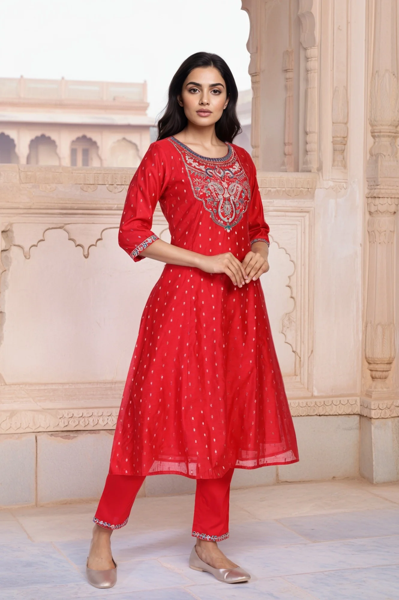 Red Geometric Print Foil Embroidered Anarkali Woven Kurta with Trouser and Dupatta Set - Image 4
