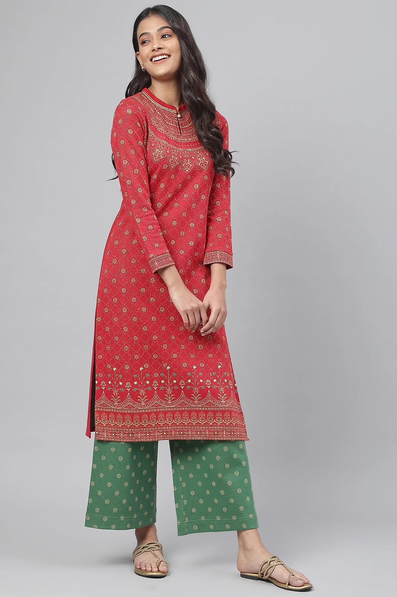 Red Jacquard Winter kurta with Green Printed Palazzo Pants Set - Image 7