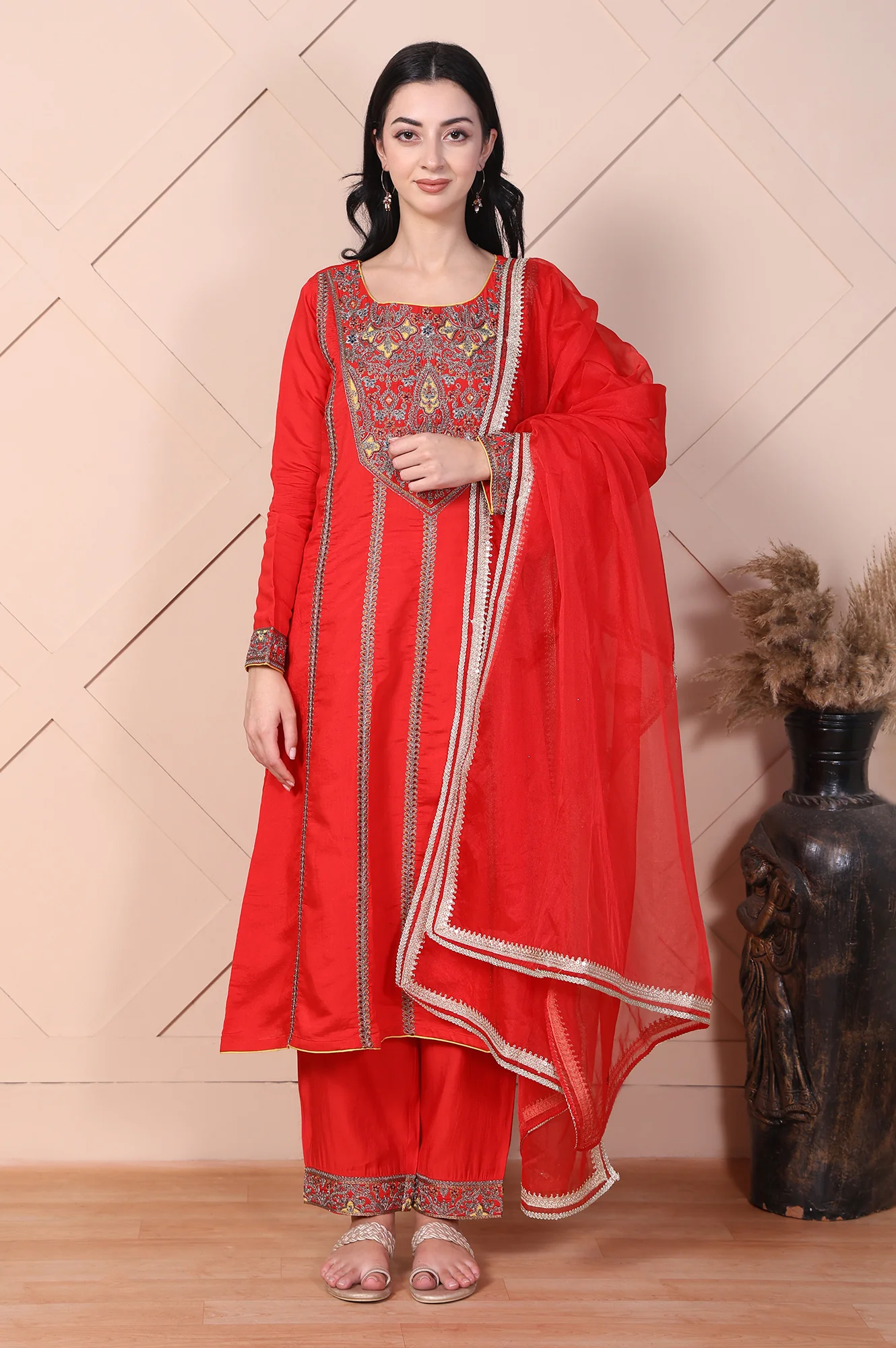 Red Mirror Work A-Line Kurta with Pant and Dupatta - Image 2
