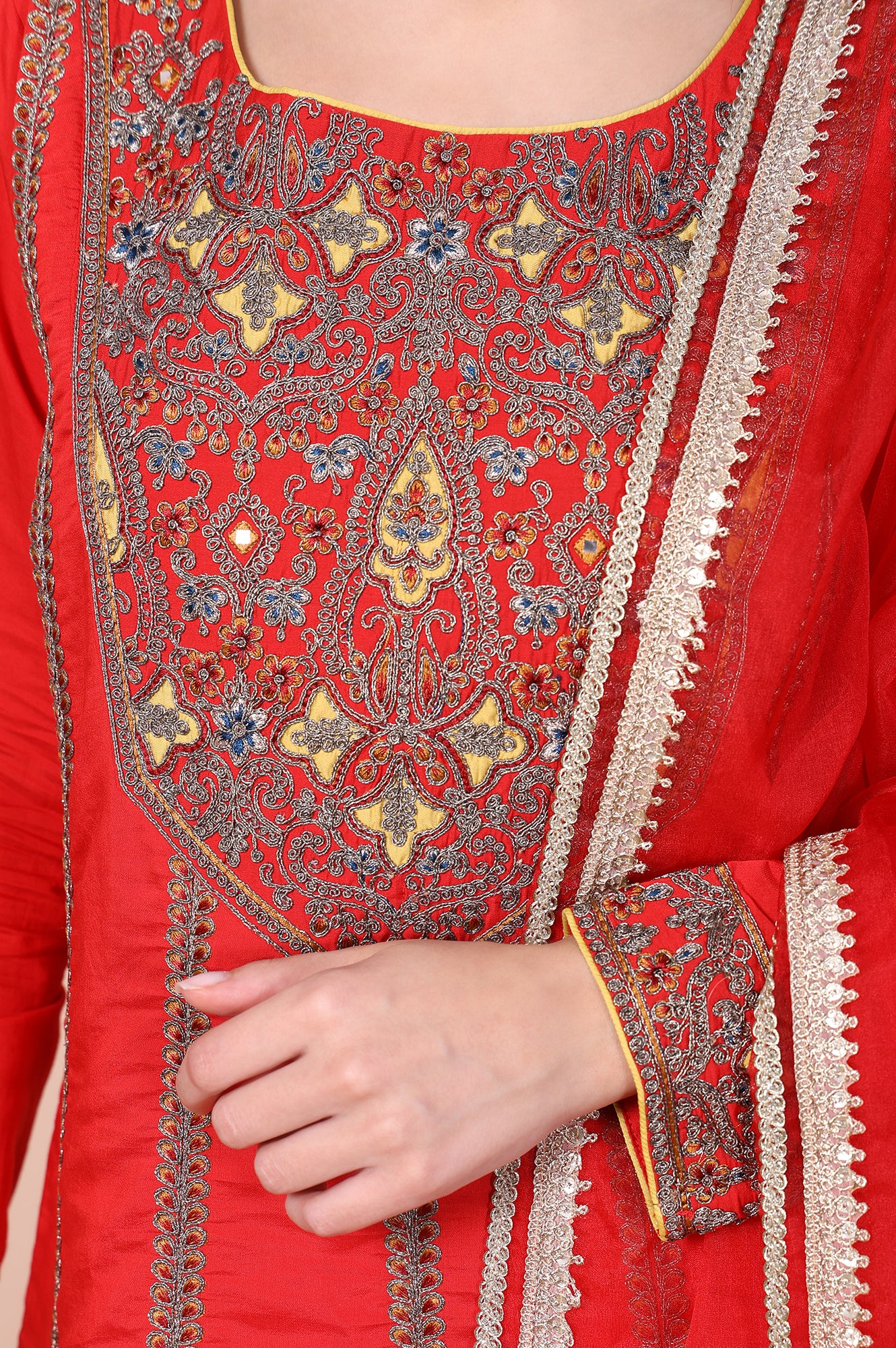 Red Mirror Work A-Line Kurta with Pant and Dupatta - Image 3