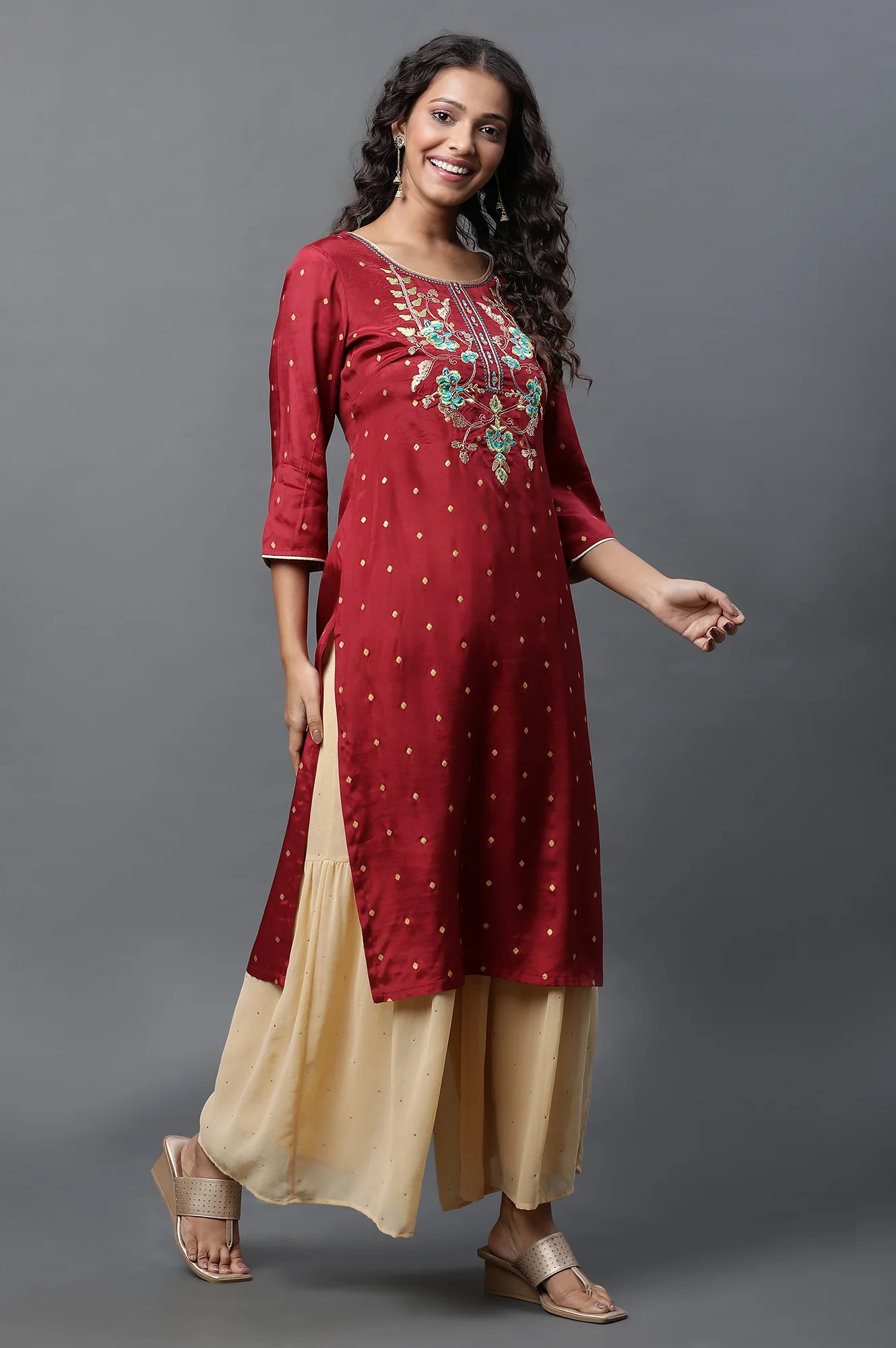 Red Polka Dot Embroidered Straight Shantung Kurta - Image 5