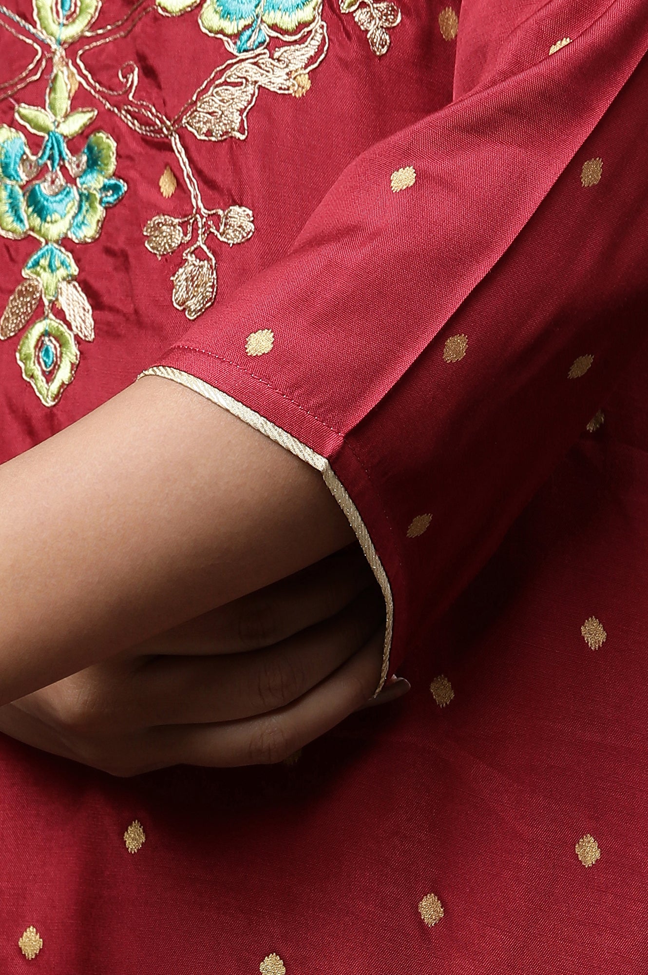 Red Polka Dot Embroidered Straight Shantung Kurta - Image 7