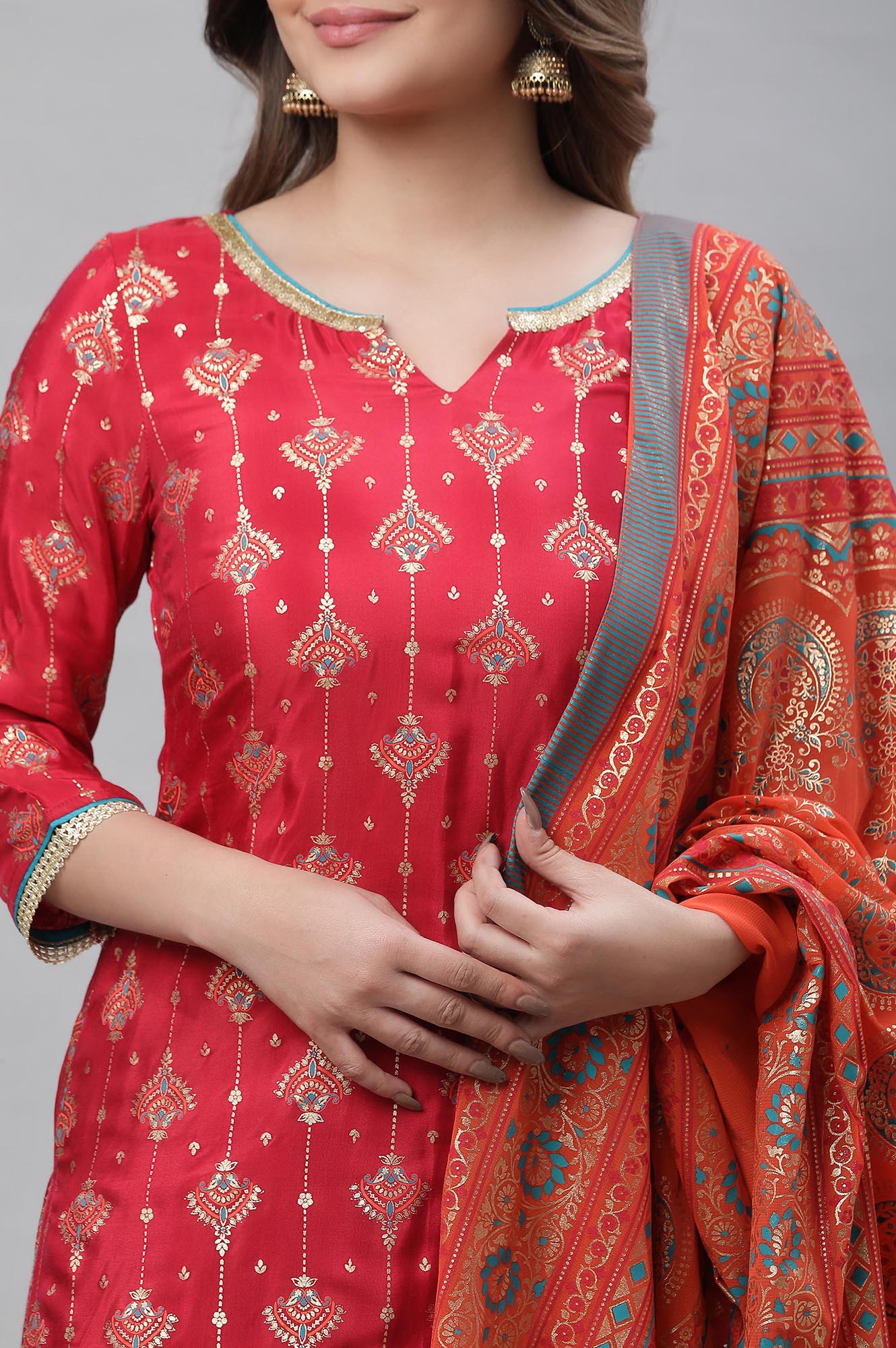 Red Printed Festive Kurta, Skirt and Dupatta Set - Image 6