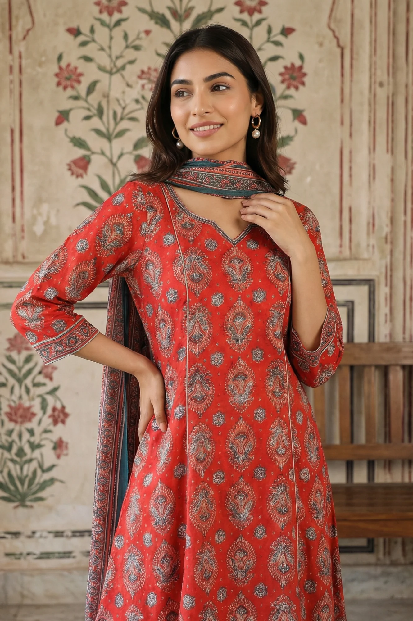 Red Rayon Ethnic Motifs Printed A-Line Kurta with Trousers and Dupatta Set - Image 3