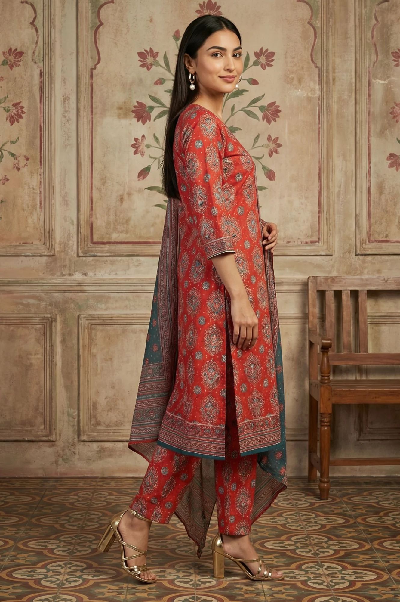 Red Rayon Ethnic Motifs Printed A-Line Kurta with Trousers and Dupatta Set - Image 5