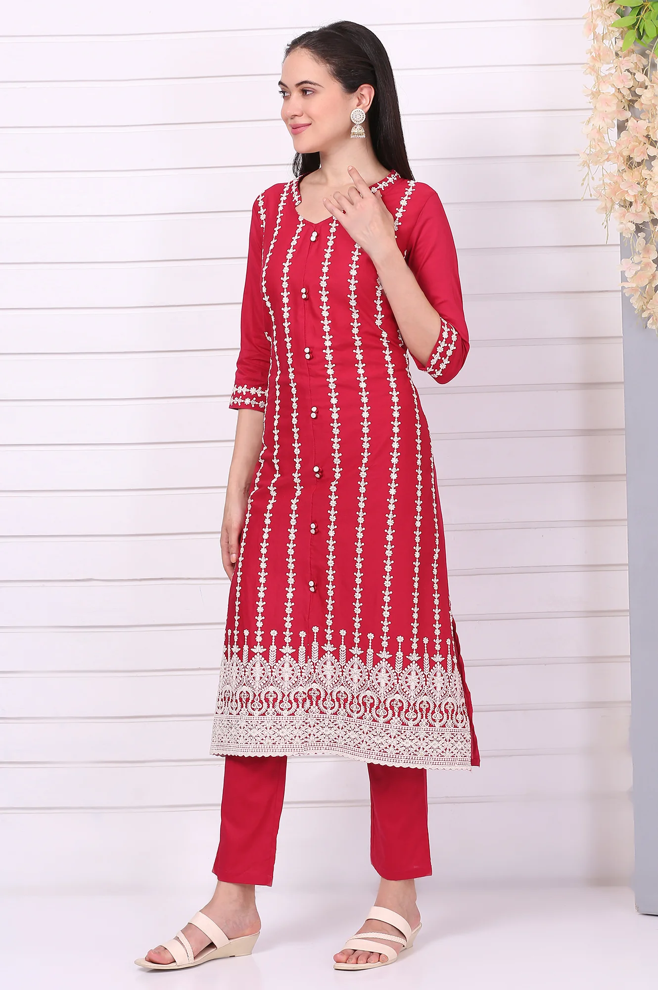 Red Schiffli Embroidered Pure Cotton Straight Kurta, Trousers and Dupatta Set - Image 4