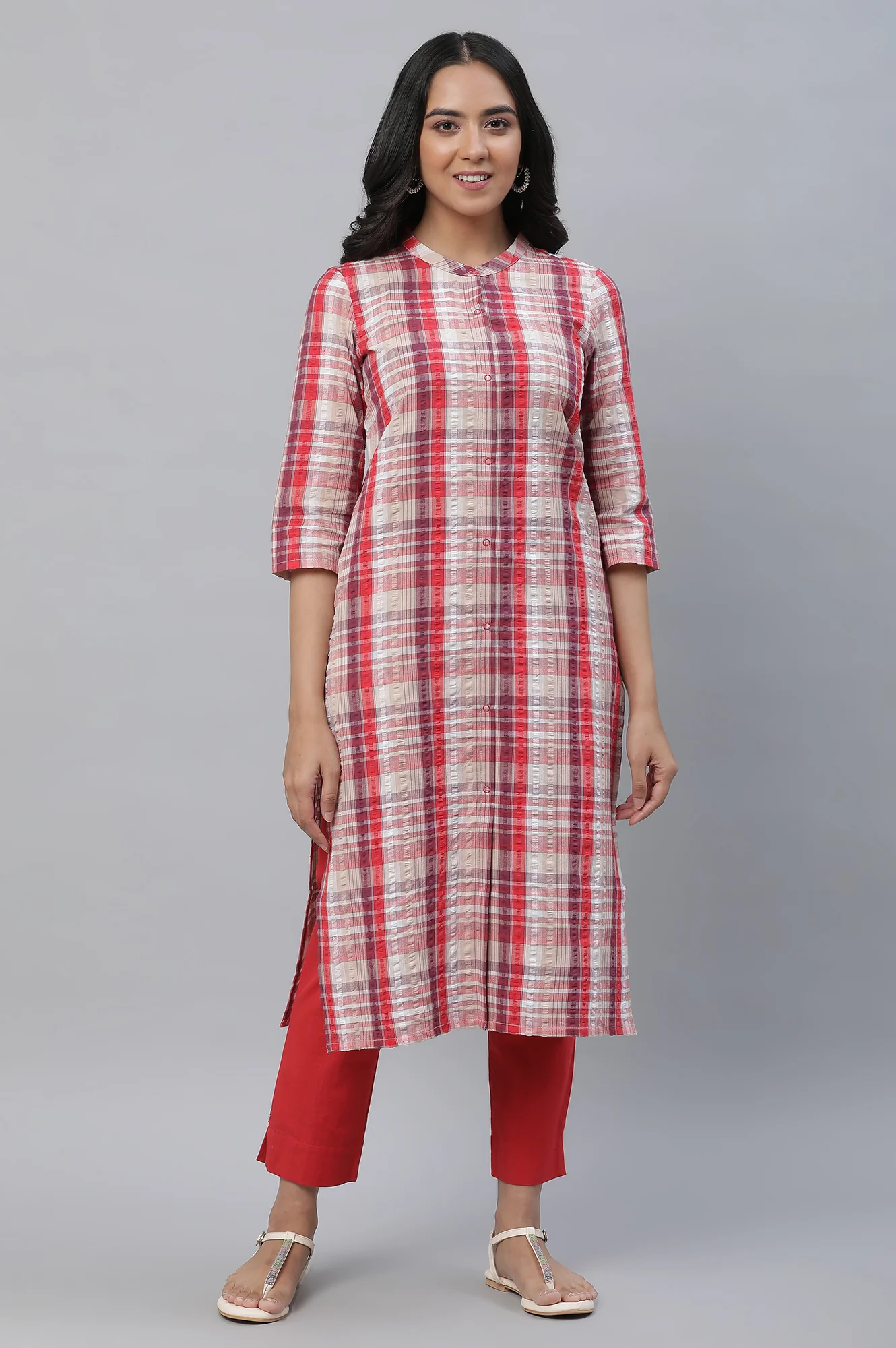 Red Textured Cotton Kurta and Trouser Set - Image 2