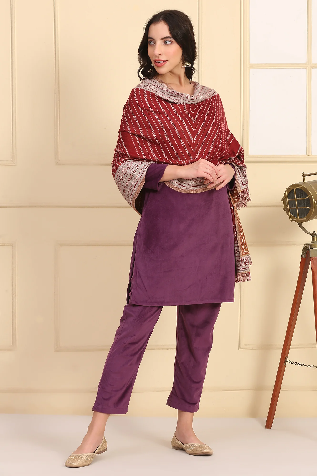 Red Self Design Woven Shawl - Image 2