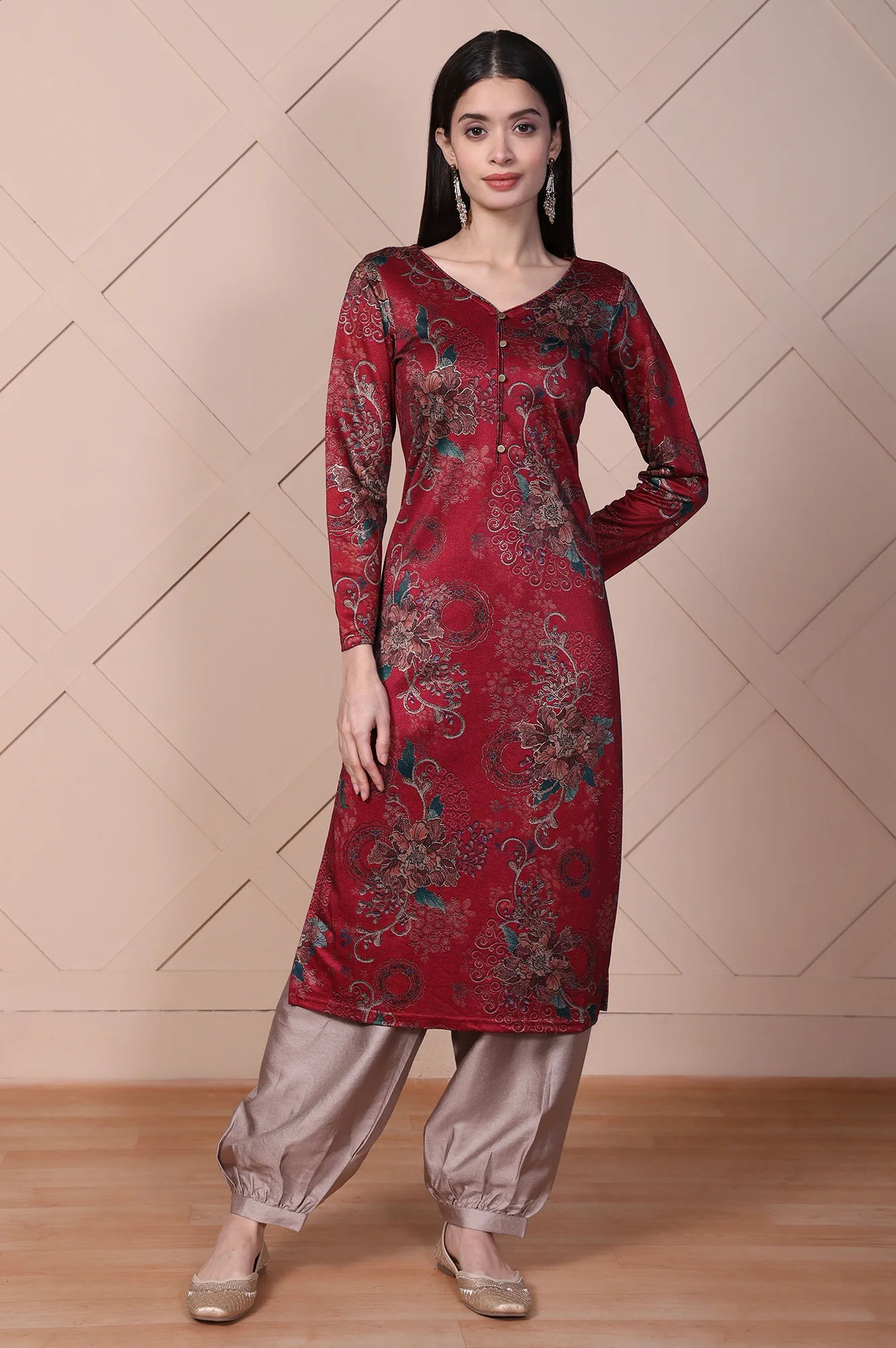 Red Straight Jacquard Kurta - Image 2