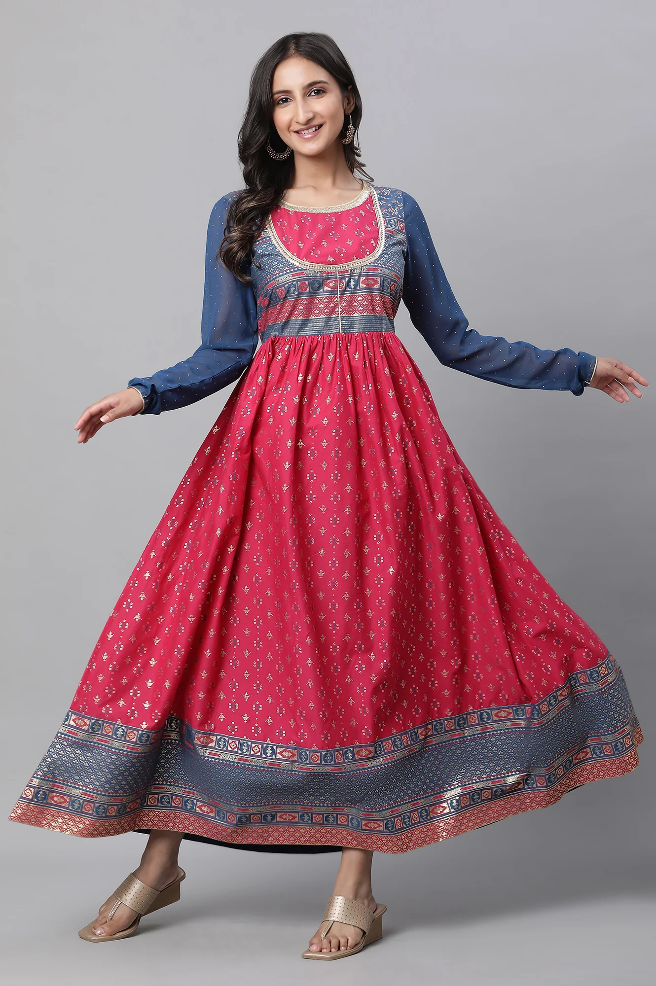 Red Yoke Foil Printed Straight Festive Kurta - Image 3