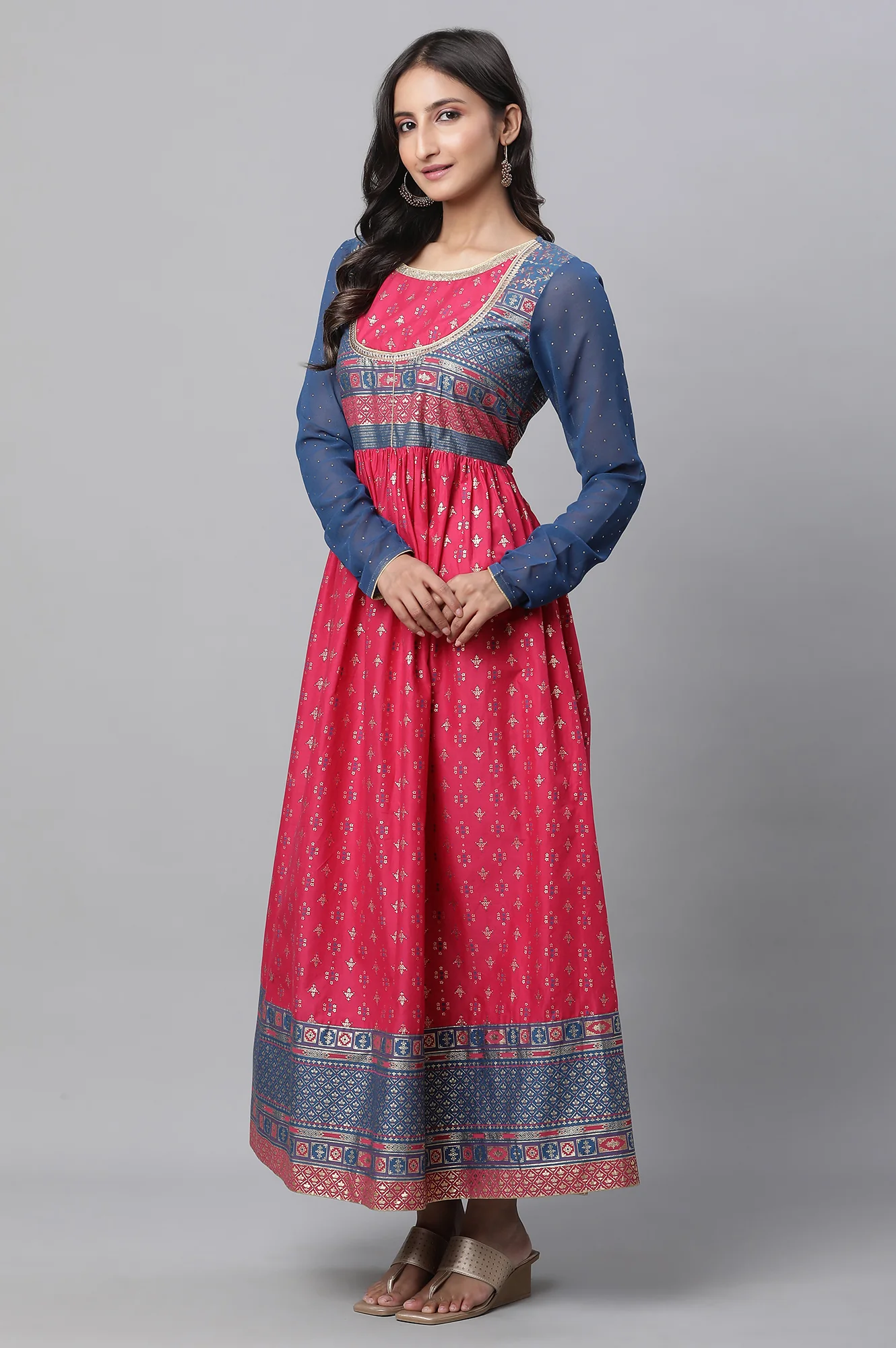 Red Yoke Foil Printed Straight Festive Kurta - Image 4