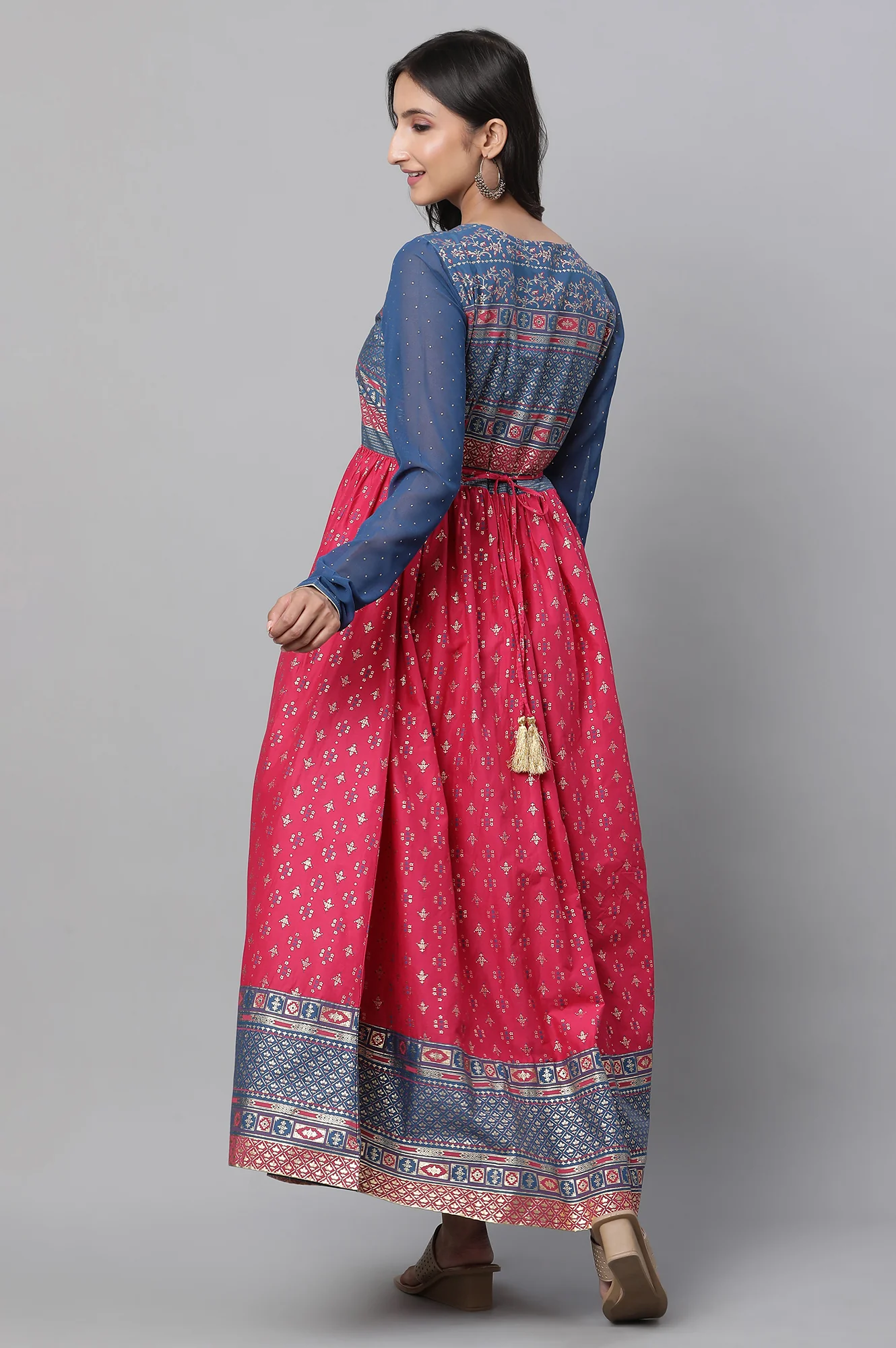 Red Yoke Foil Printed Straight Festive Kurta - Image 5